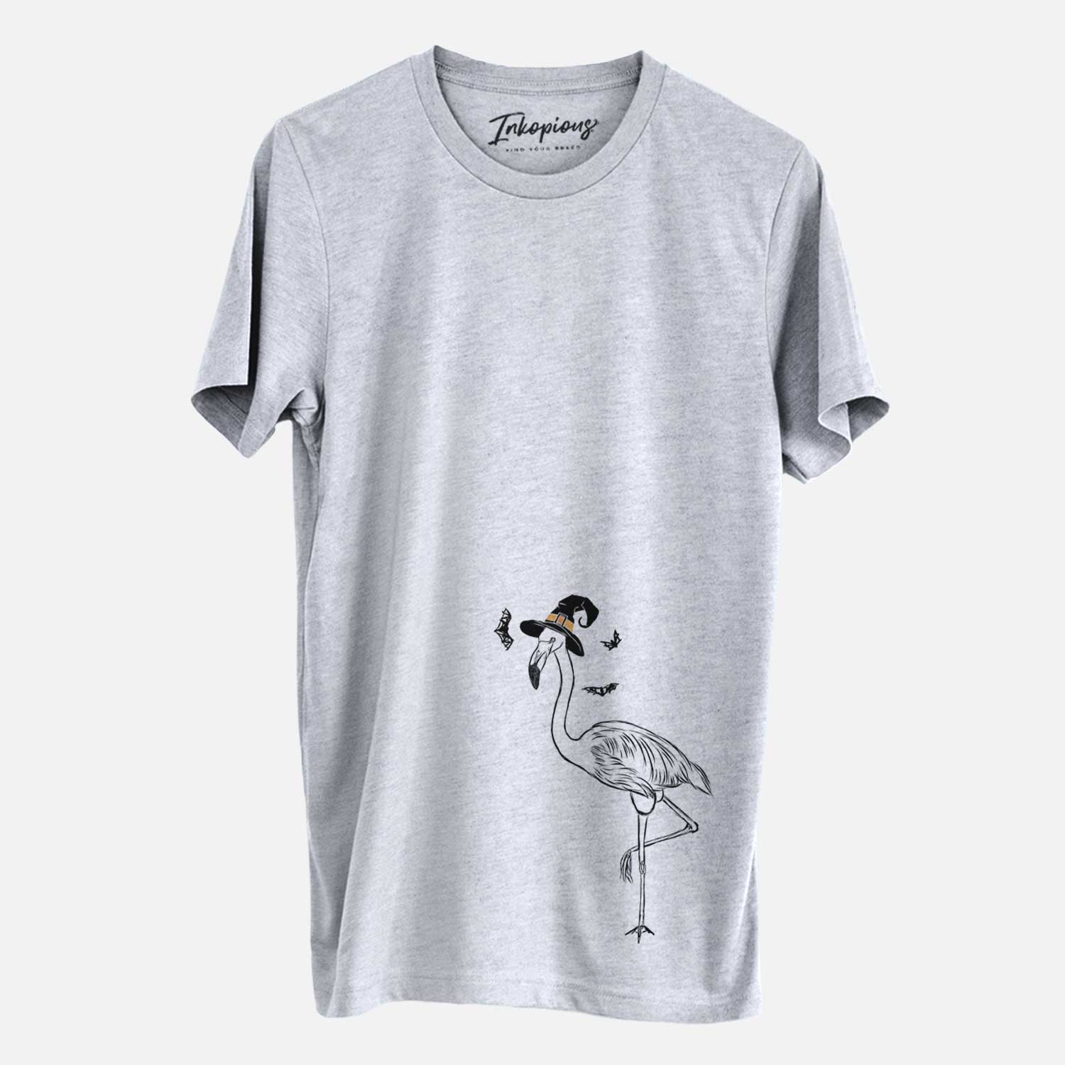 Hand-drawn sketch of Mango the Flamingo wearing a witch hat on a Grey Unisex crewneck