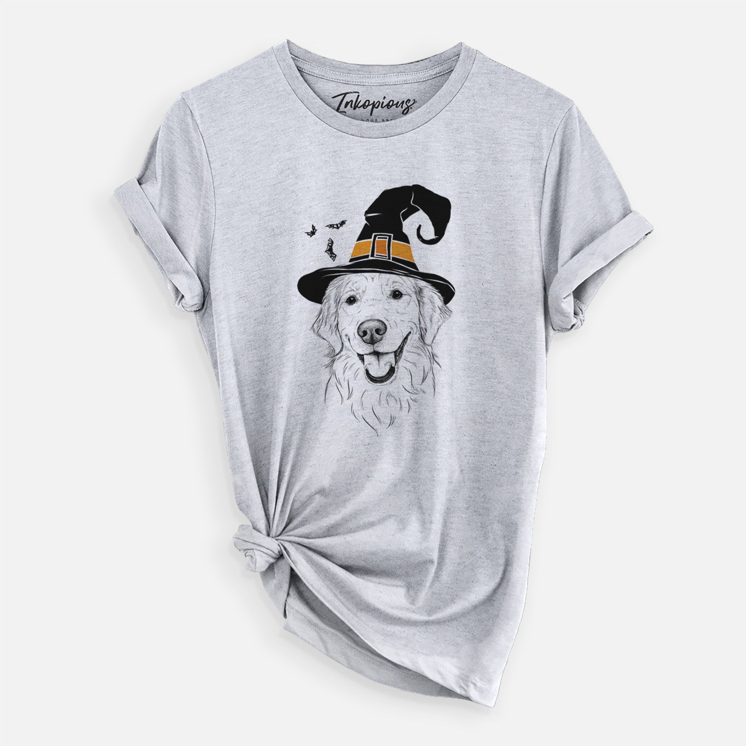 Hand-drawn sketch of Maple the Golden Retriever wearing a witch hat on a Grey Unisex crewneck