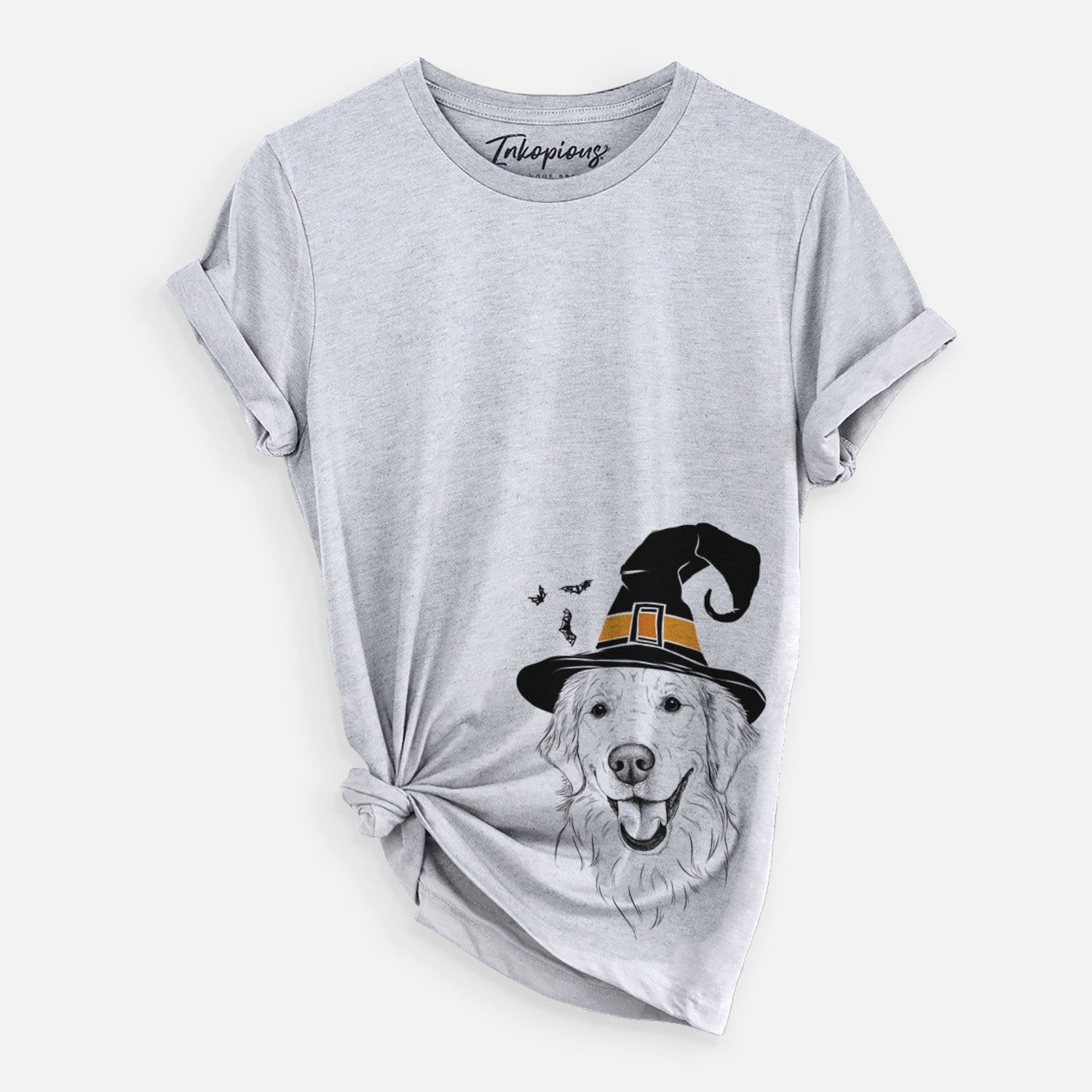 Hand-drawn sketch of Maple the Golden Retriever wearing a witch hat on a Grey Unisex crewneck