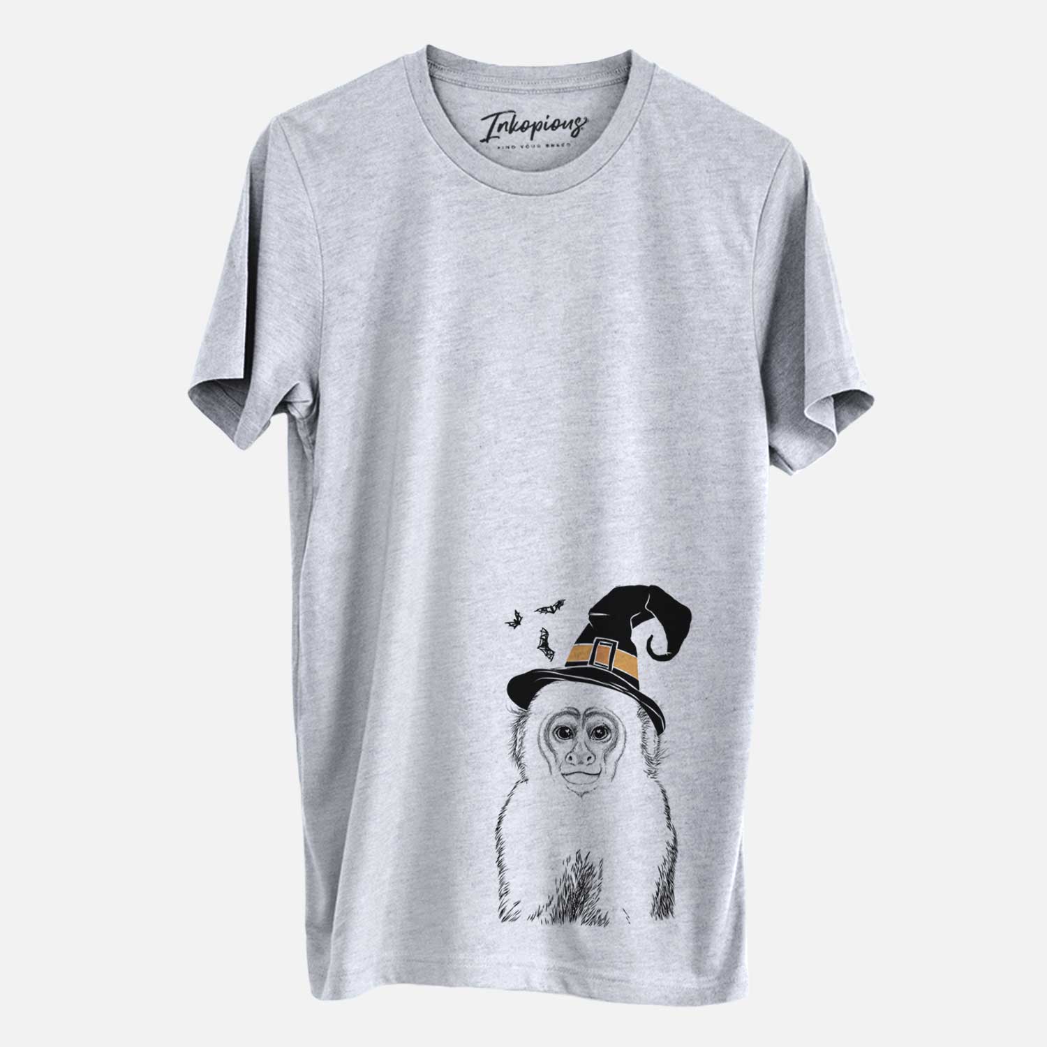 Hand-drawn sketch of Marcel the Capuchin Monkey wearing a witch hat on a Grey Unisex crewneck