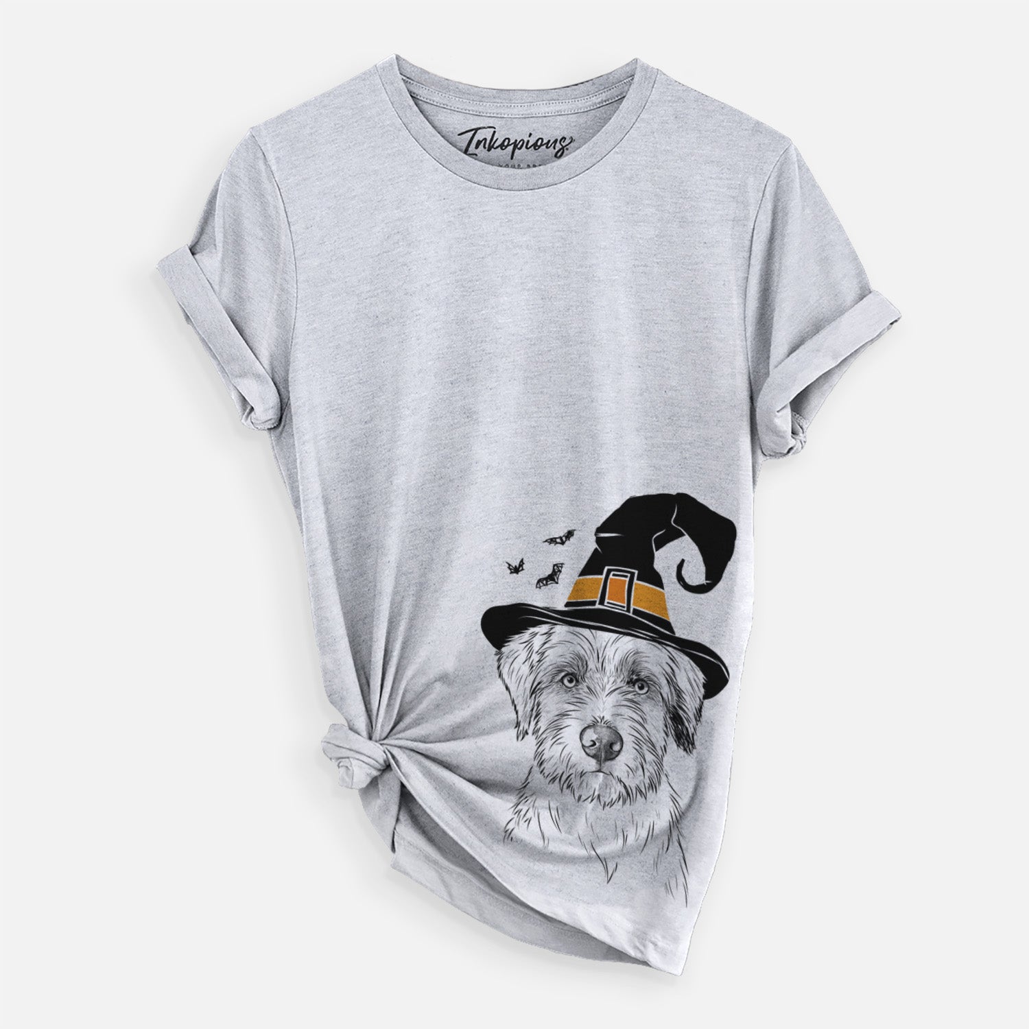 Hand-drawn sketch of Marek the Bernedoodle wearing a witch hat on a Grey Unisex crewneck