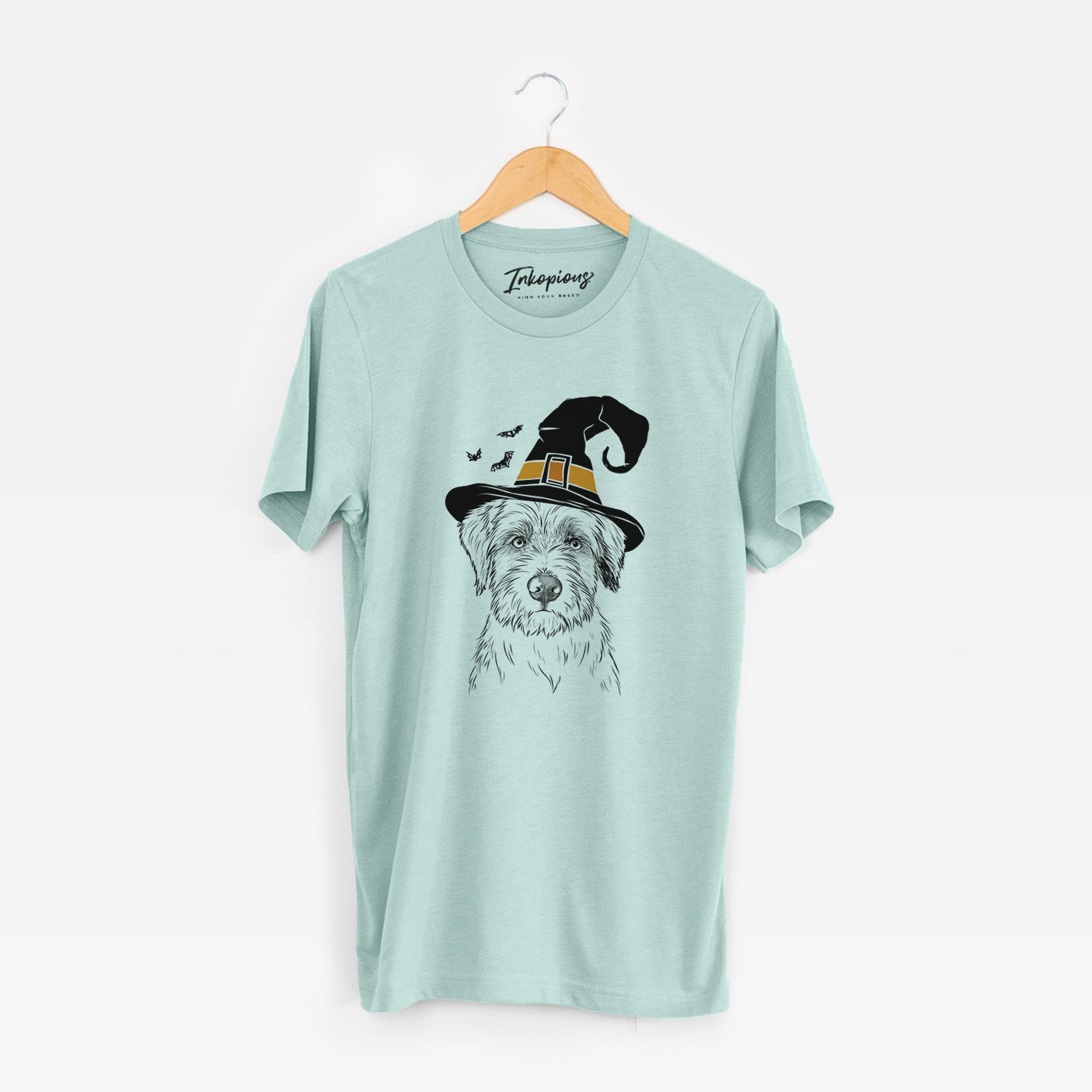 Hand-drawn sketch of Marek the Bernedoodle wearing a witch hat on a Heather Sage Unisex crewneck