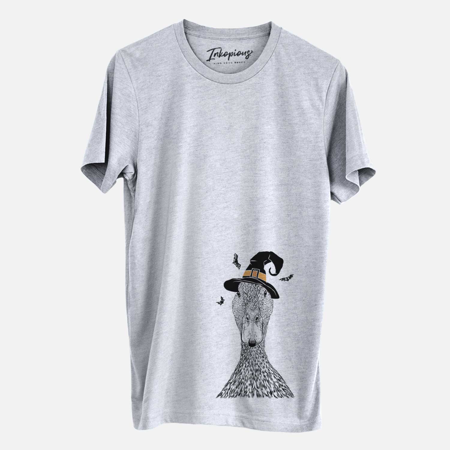 Hand-drawn sketch of Marge the Mallard Duck wearing a witch hat on a Grey Unisex crewneck