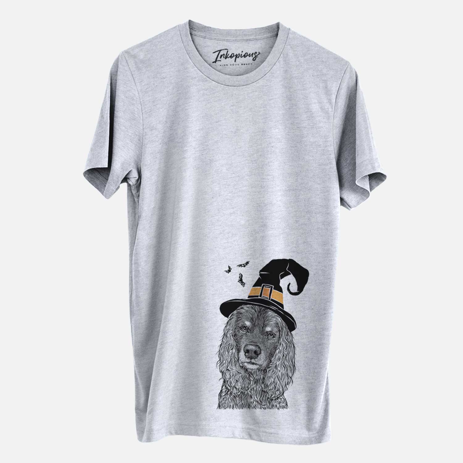 Hand-drawn sketch of Marley Boy the American Cocker Spaniel wearing a witch hat on a Grey Unisex crewneck