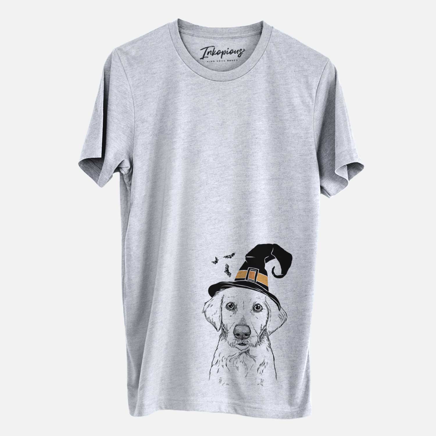 Hand-drawn sketch of Marley Sue the Labradoodle wearing a witch hat on a Grey Unisex crewneck