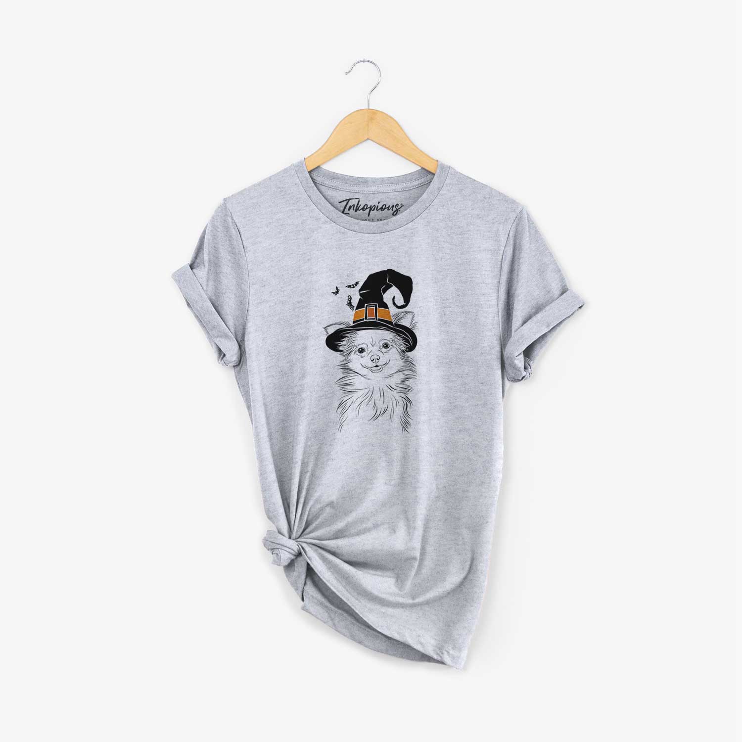 Hand-drawn sketch of Marzi the Long Haired Chihuahua wearing a witch hat on a Grey Unisex crewneck