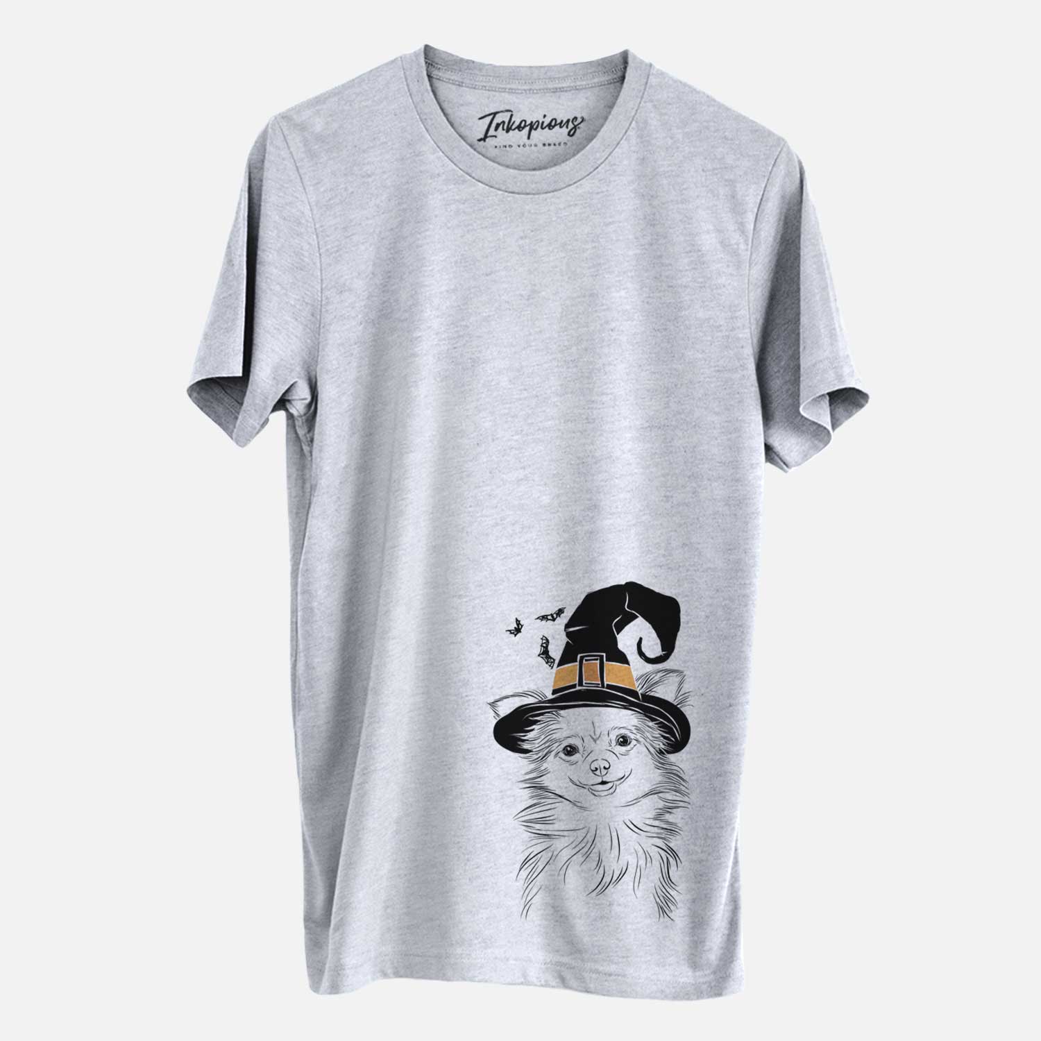 Hand-drawn sketch of Marzi the Long Haired Chihuahua wearing a witch hat on a Grey Unisex crewneck