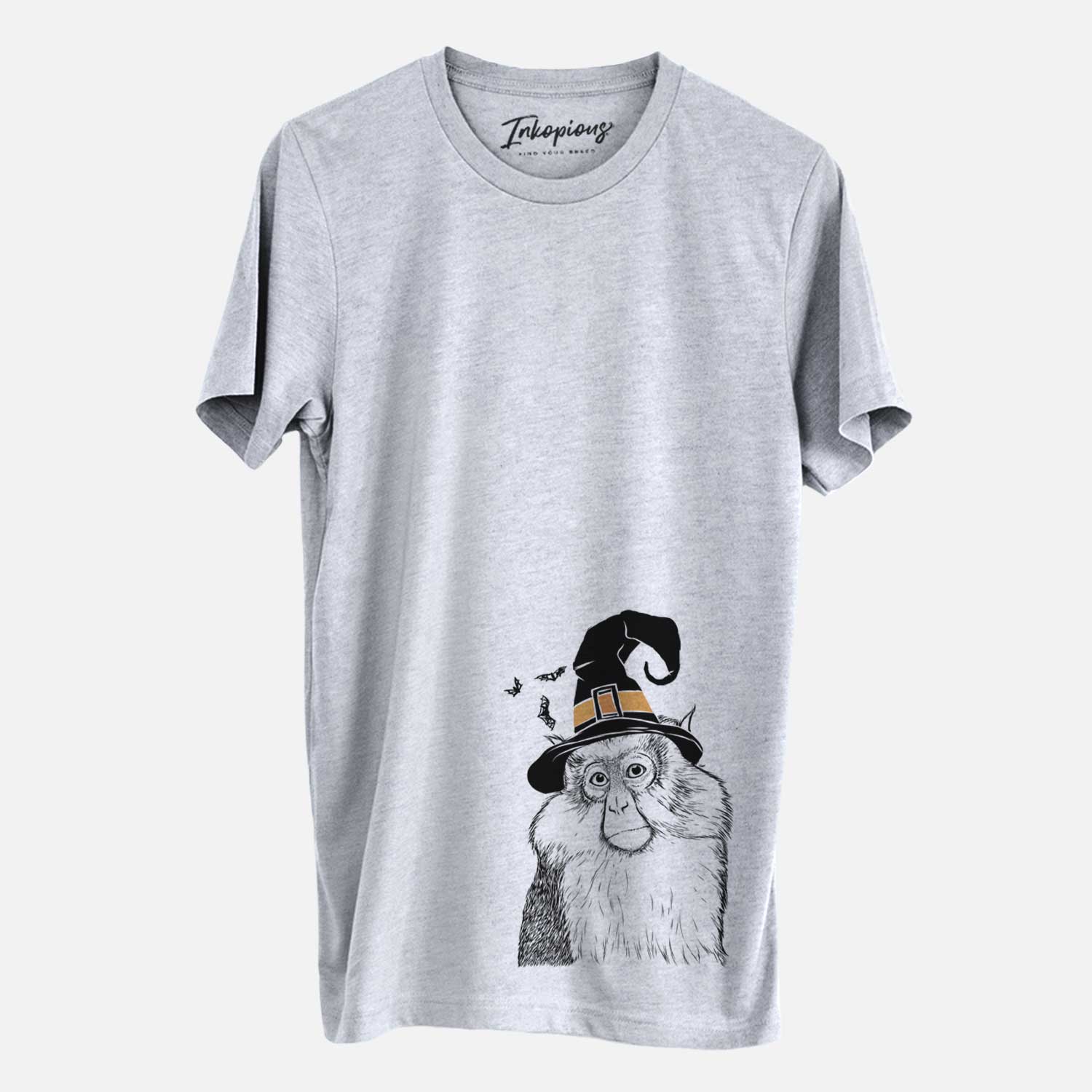 Hand-drawn sketch of Matata the Mona Monkey wearing a witch hat on a Grey Unisex crewneck