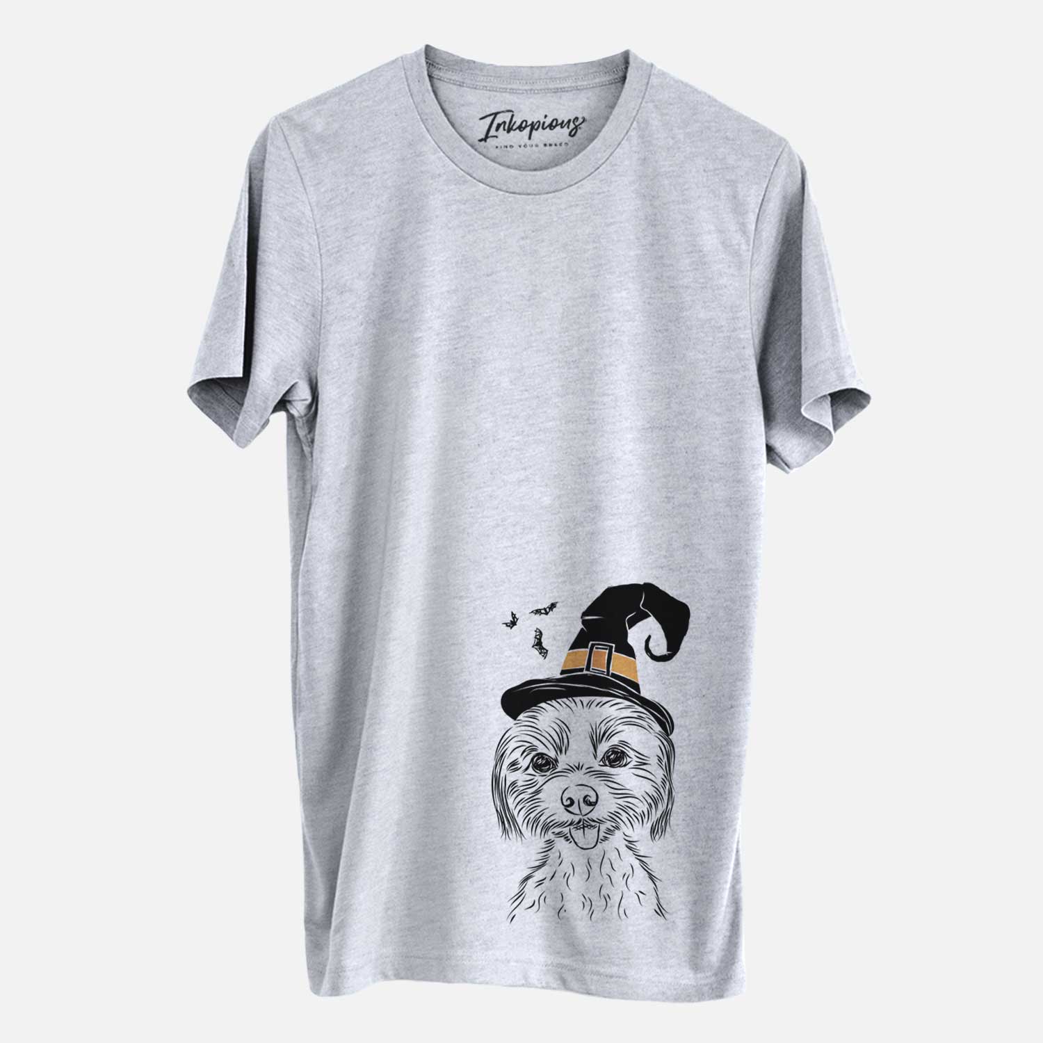 Hand-drawn sketch of Mater the Yorkshire Terrier wearing a witch hat on a Grey Unisex crewneck