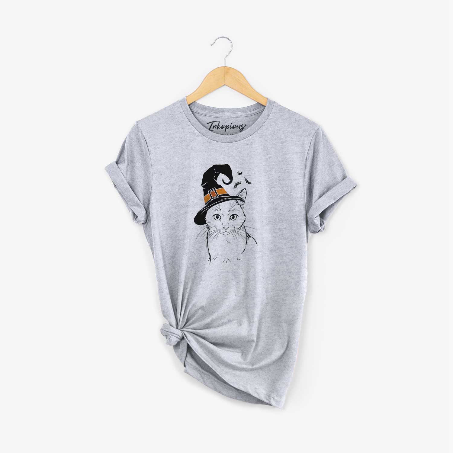 Hand-drawn sketch of Maverick the Cat wearing a witch hat on a Grey Unisex crewneck