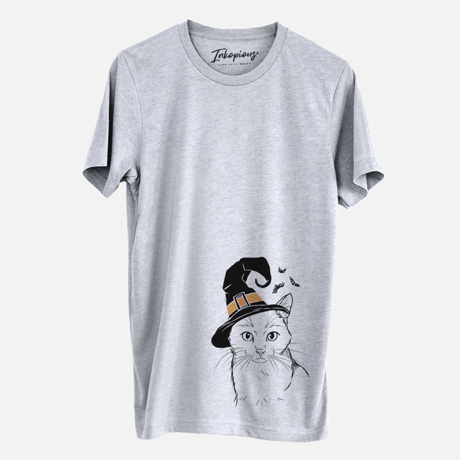 Hand-drawn sketch of Maverick the Cat wearing a witch hat on a Grey Unisex crewneck