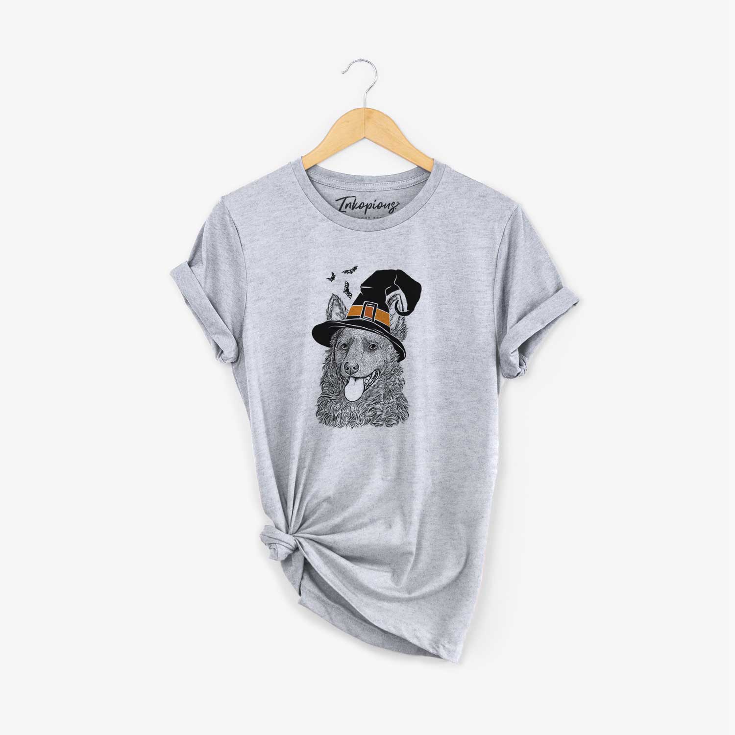 Hand-drawn sketch of Maximo the Mudi wearing a witch hat on a Grey Unisex crewneck