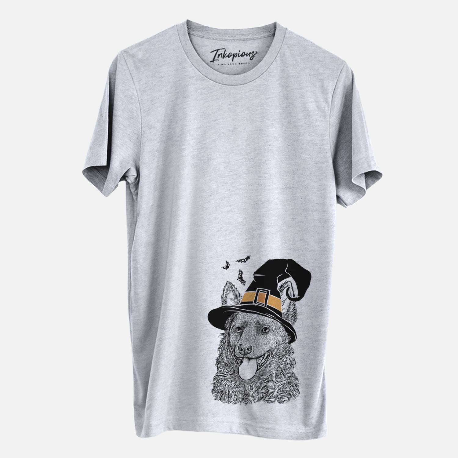 Hand-drawn sketch of Maximo the Mudi wearing a witch hat on a Grey Unisex crewneck