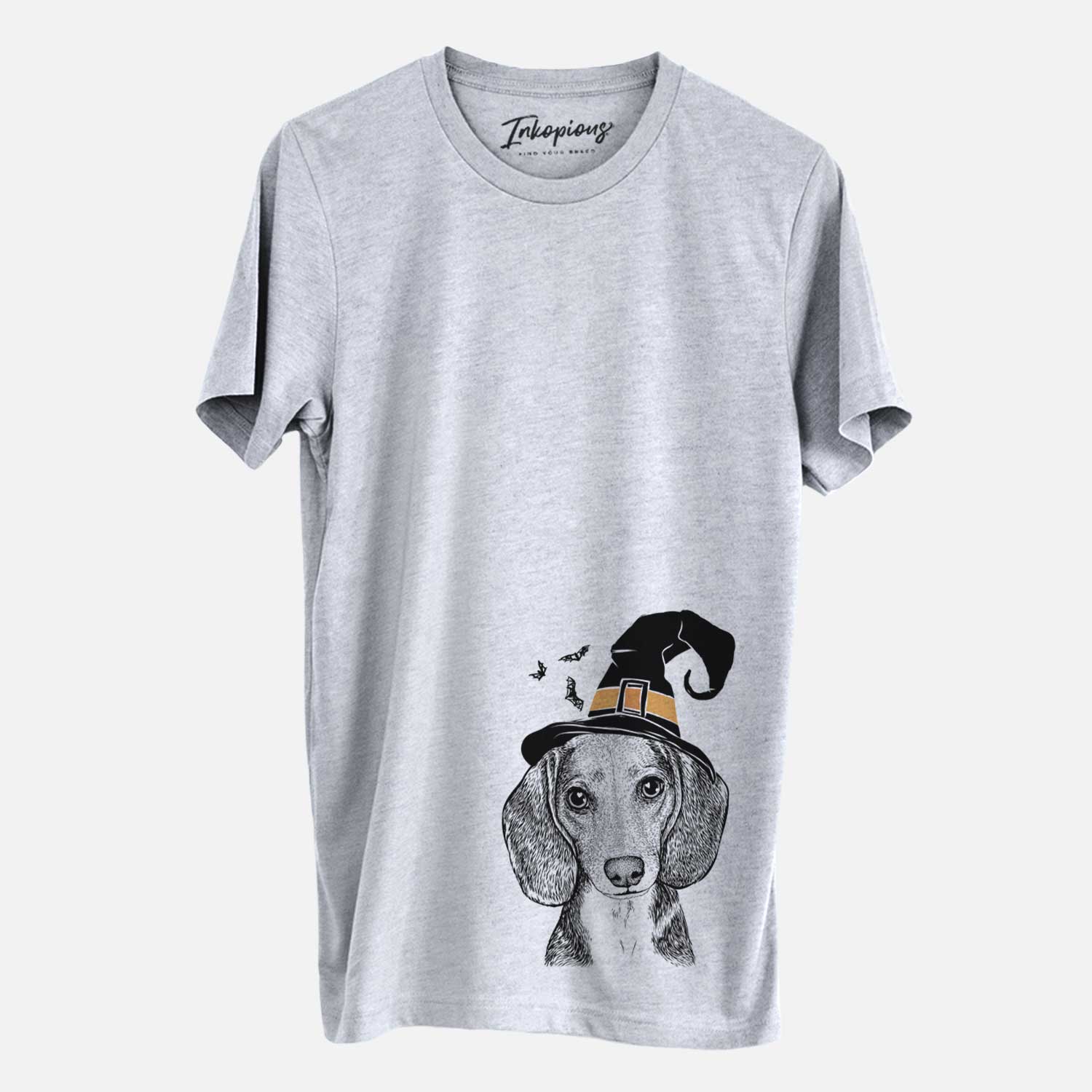 Hand-drawn sketch of Mayor Andy the Beagle wearing a witch hat on a Grey Unisex crewneck