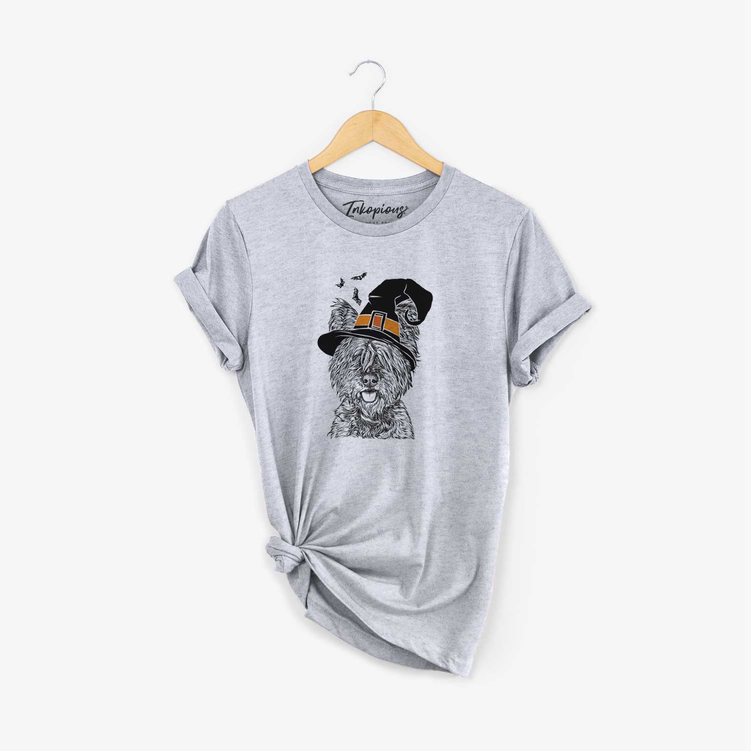 Hand-drawn sketch of McDuff the Cairn Terrier wearing a witch hat on a Grey Unisex crewneck