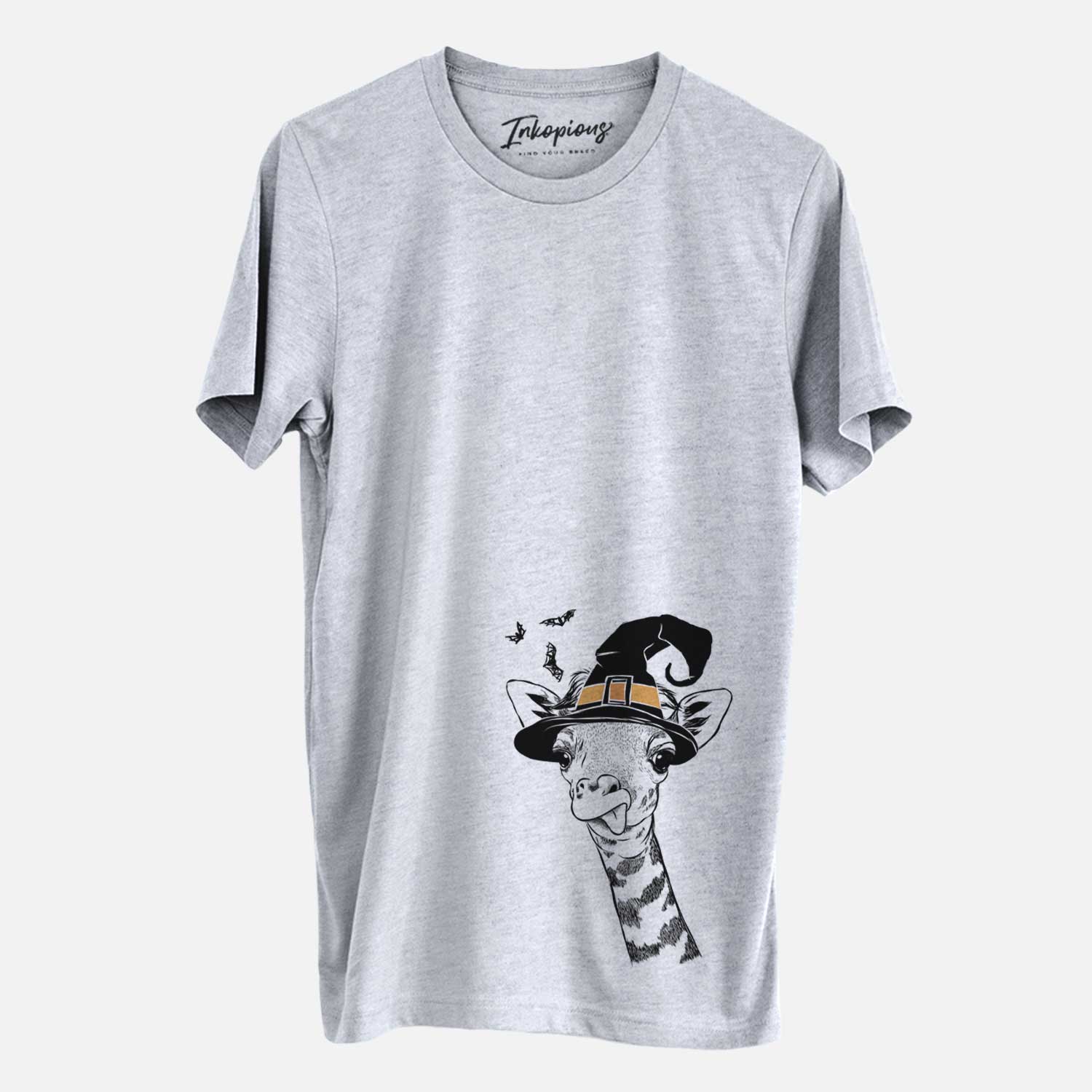 Hand-drawn sketch of Mel the Baby Giraffe wearing a witch hat on a Grey Unisex crewneck