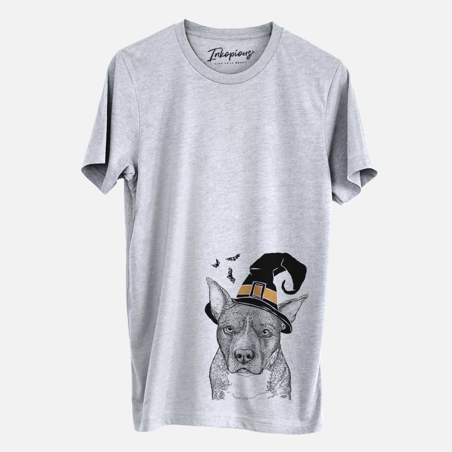 Hand-drawn sketch of Mercy the Pitbull wearing a witch hat on a Grey Unisex crewneck