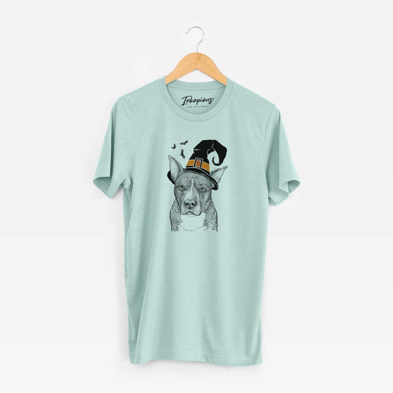 Hand-drawn sketch of Mercy the Pitbull wearing a witch hat on a Heather Sage Unisex crewneck