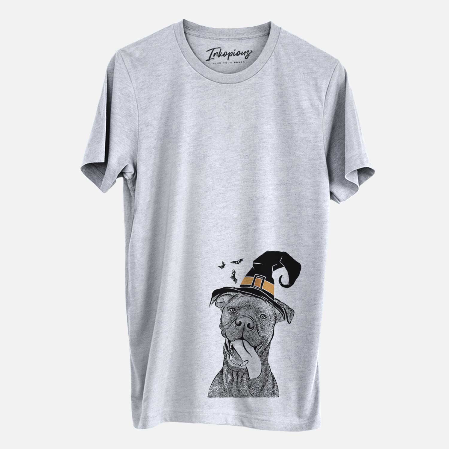 Hand-drawn sketch of Mikey the Boxador wearing a witch hat on a Grey Unisex crewneck