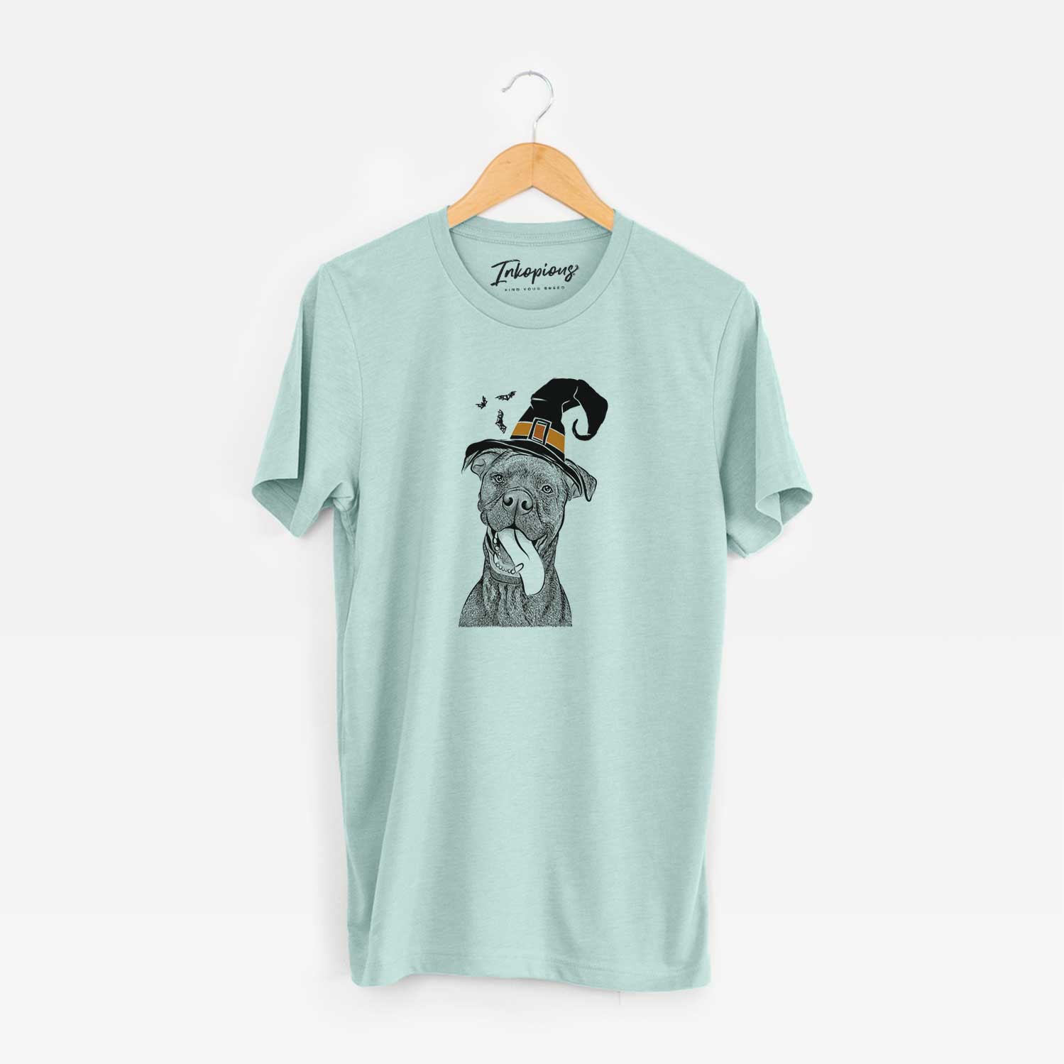 Hand-drawn sketch of Mikey the Boxador wearing a witch hat on a Heather Sage Unisex crewneck