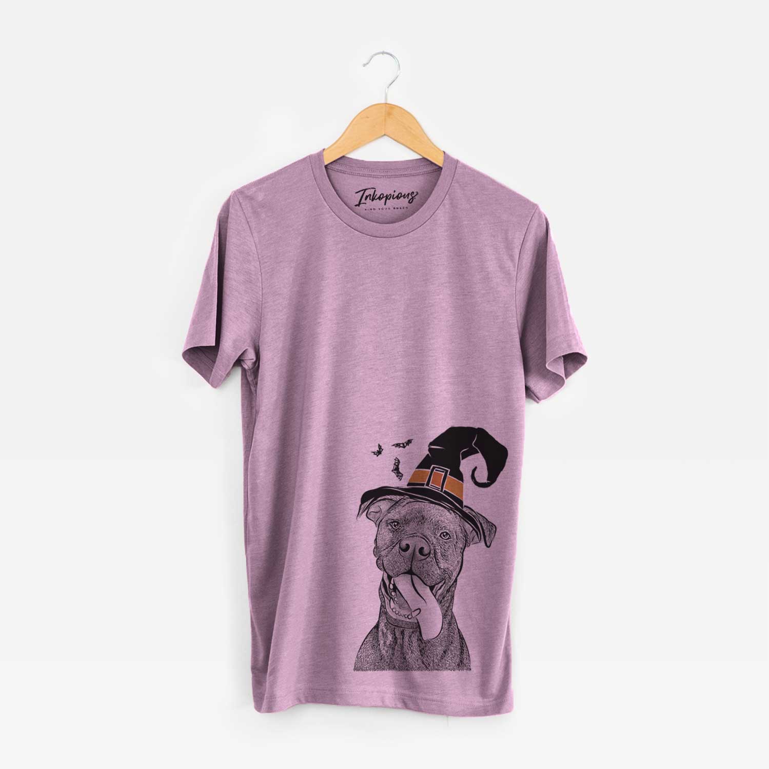 Hand-drawn sketch of Mikey the Boxador wearing a witch hat on an Orchid Unisex crewneck