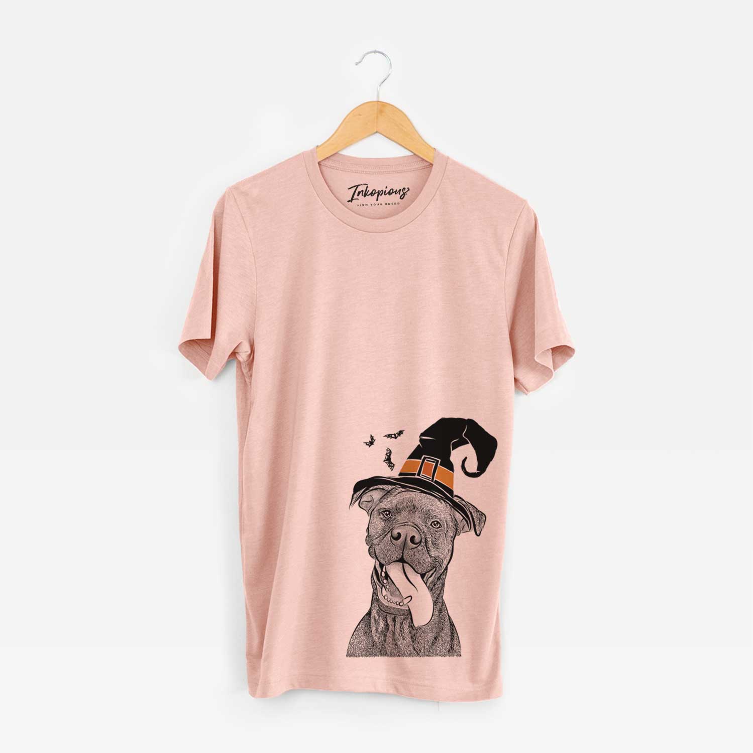Hand-drawn sketch of Mikey the Boxador wearing a witch hat on a Peach Unisex crewneck