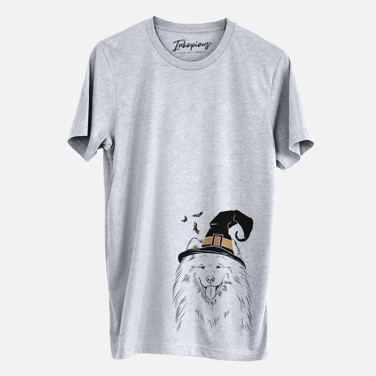 Hand-drawn sketch of Mikko the Samoyed wearing a witch hat on a Grey Unisex crewneck
