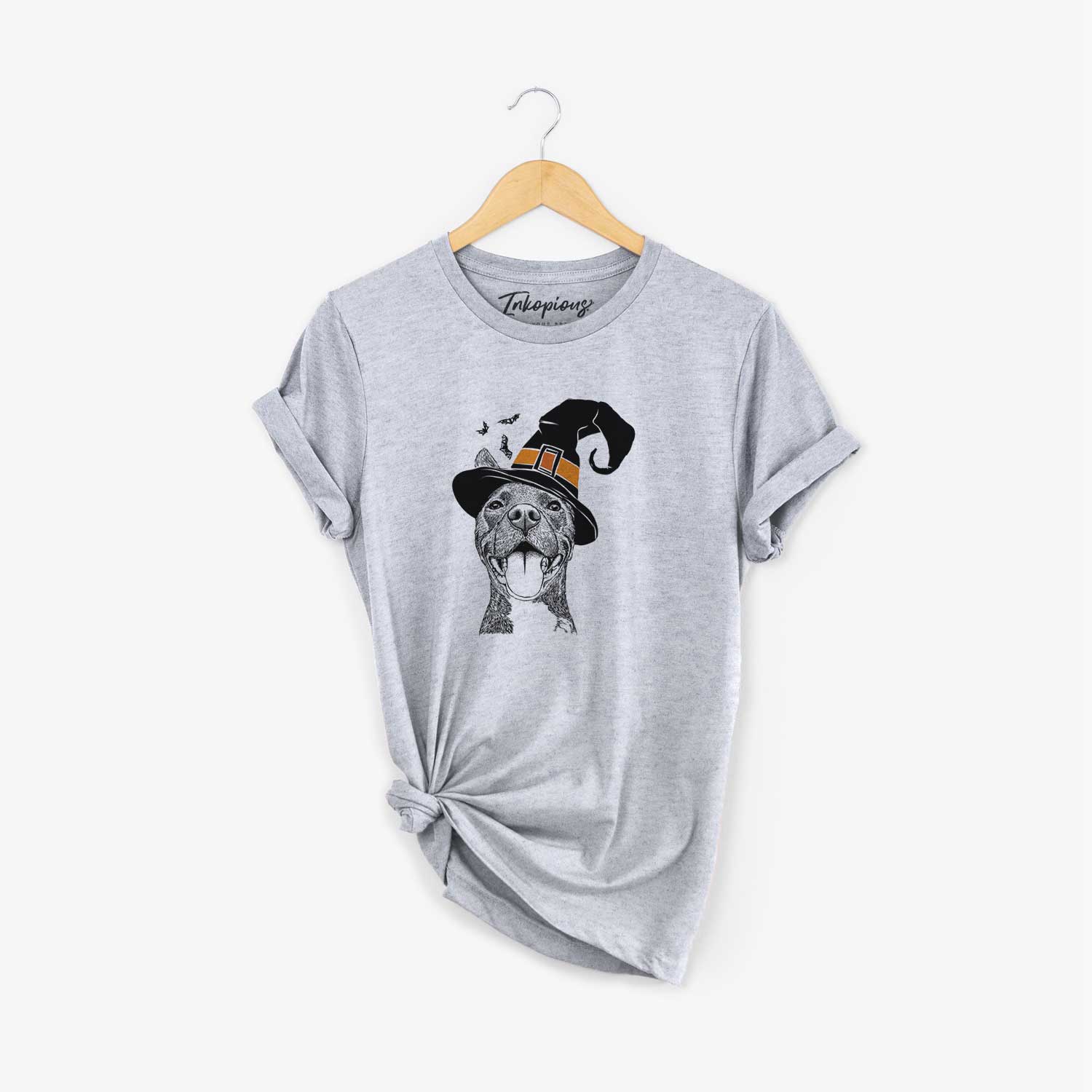 Hand-drawn sketch of Milo the Pitbull Mix wearing a witch hat on a Grey Unisex crewneck
