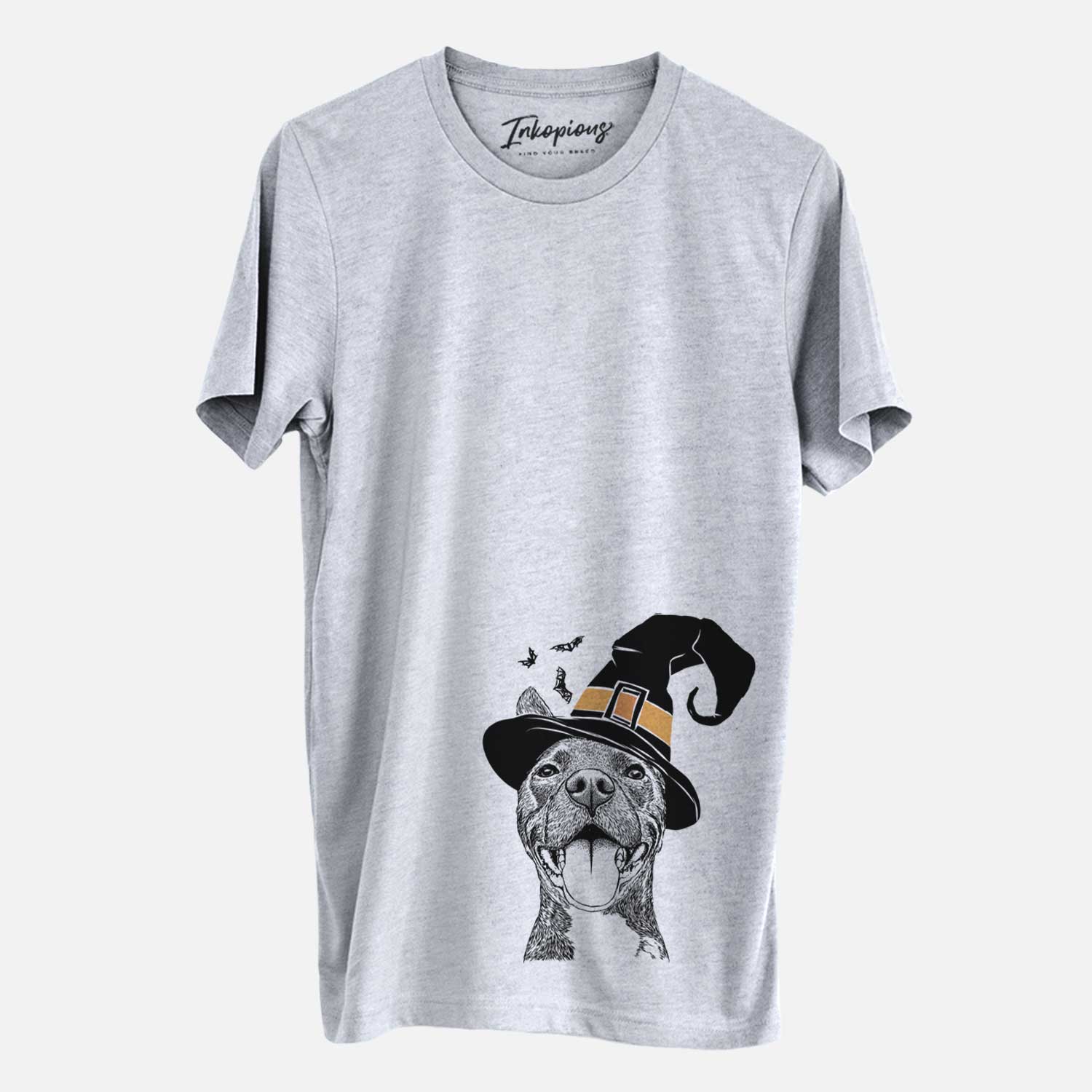 Hand-drawn sketch of Milo the Pitbull Mix wearing a witch hat on a Grey Unisex crewneck