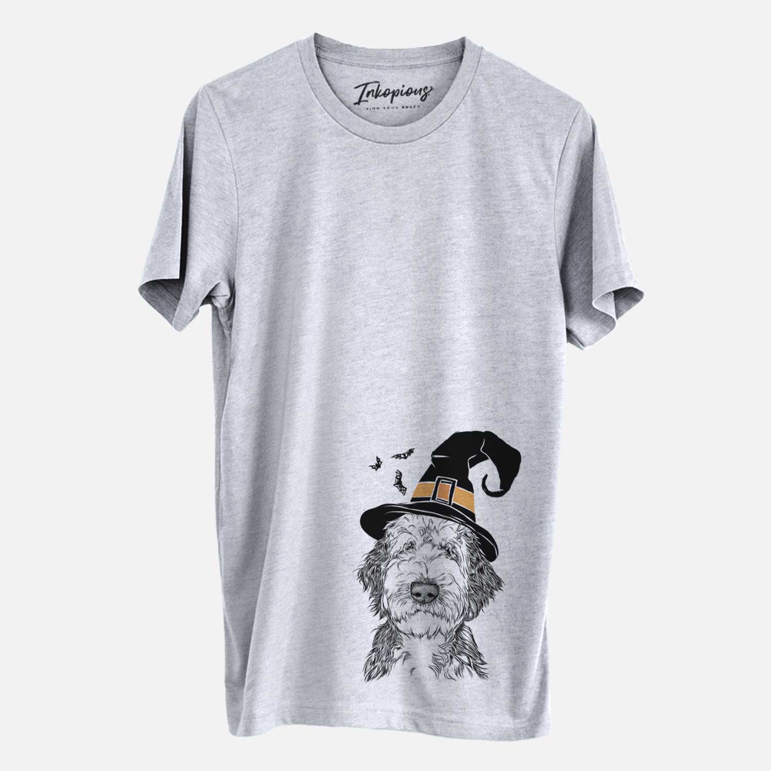 Hand-drawn sketch of Milo Fluff the Sheepadoodle wearing a witch hat on a Grey Unisex crewneck