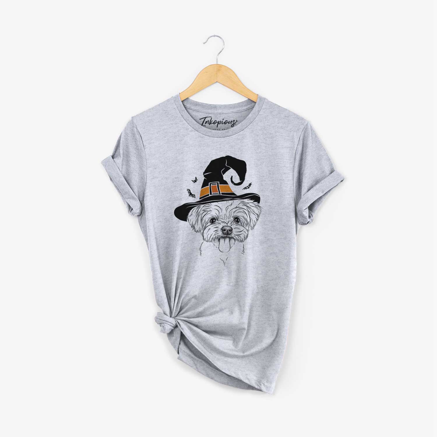 Hand-drawn sketch of Mochi the Maltese wearing a witch hat on a Grey Unisex crewneck