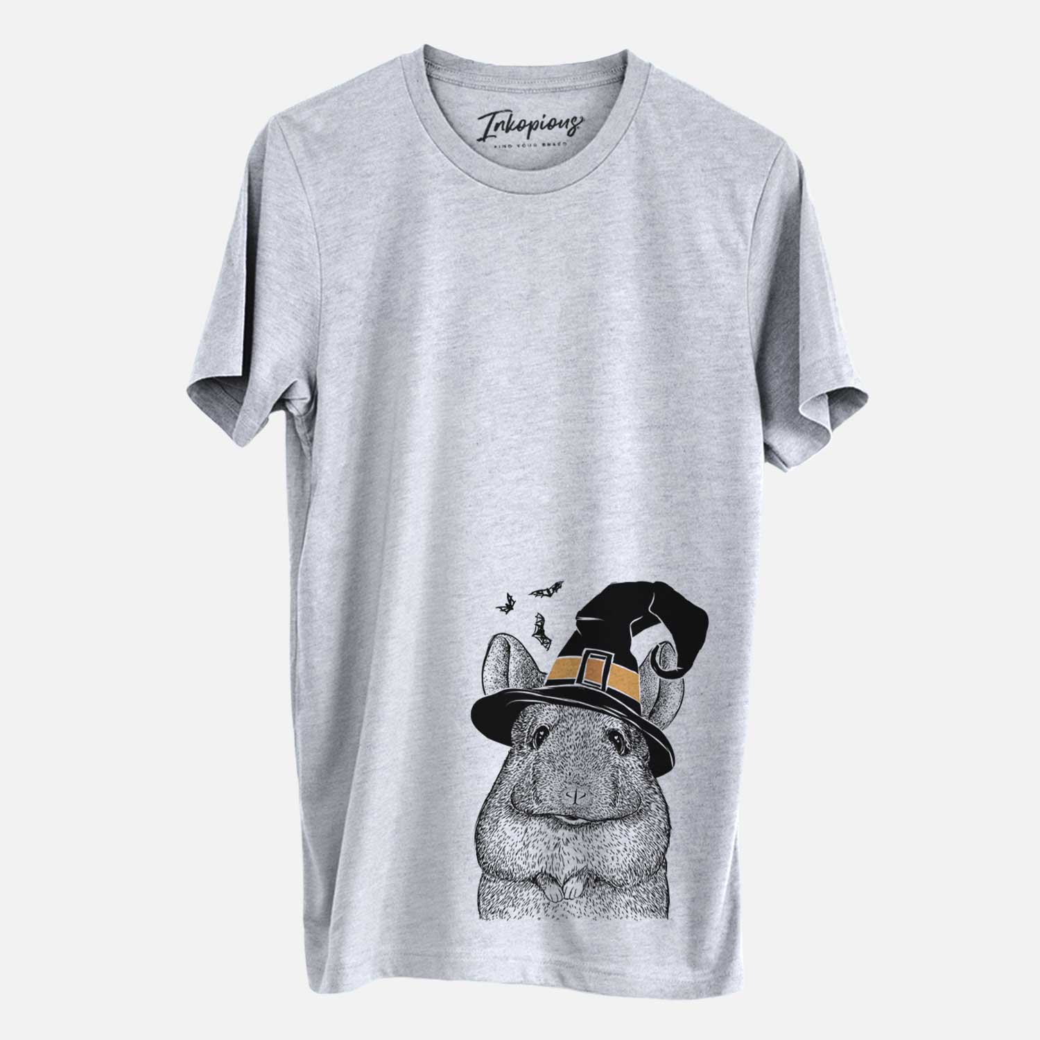 Hand-drawn sketch of Mojo the Chinchilla wearing a witch hat on a Grey Unisex crewneck