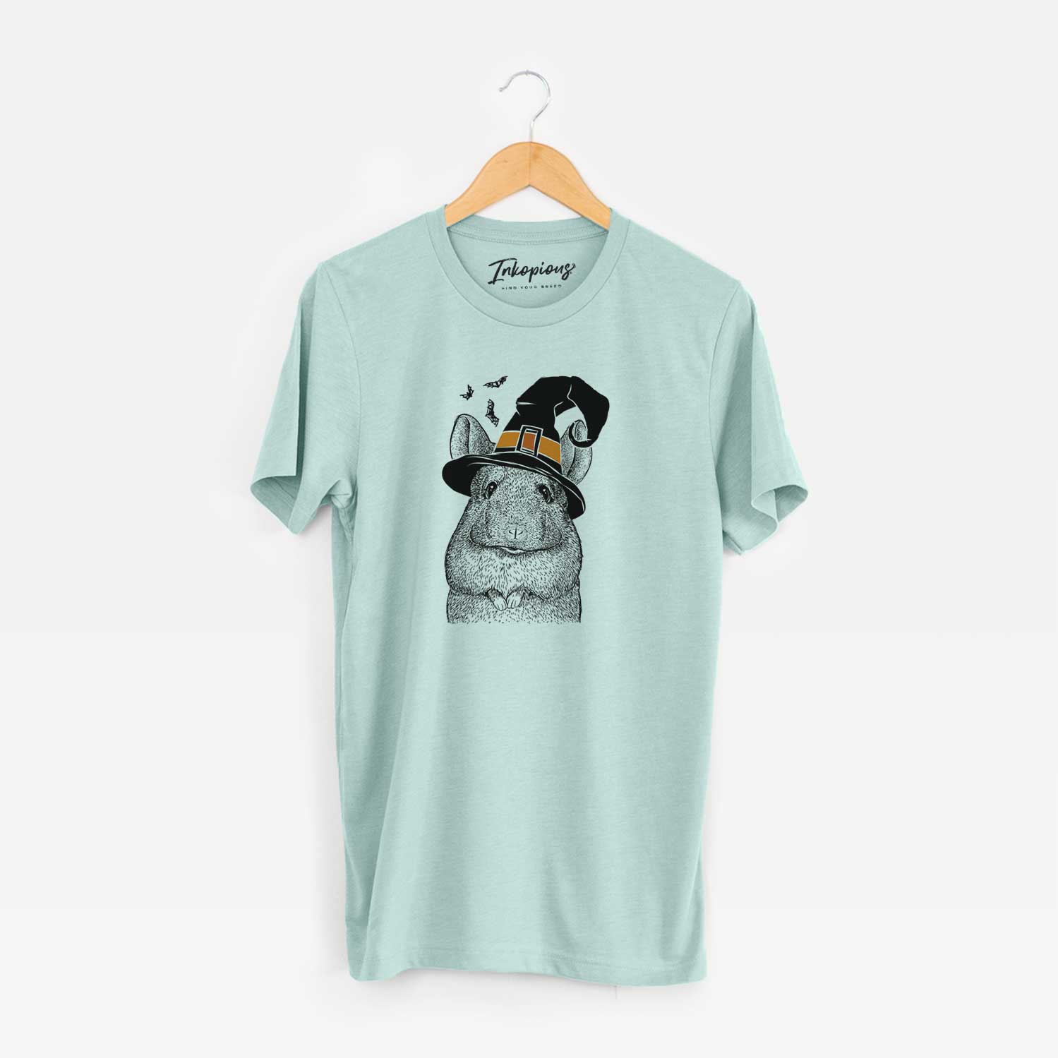 Hand-drawn sketch of Mojo the Chinchilla wearing a witch hat on a Heather Sage Unisex crewneck