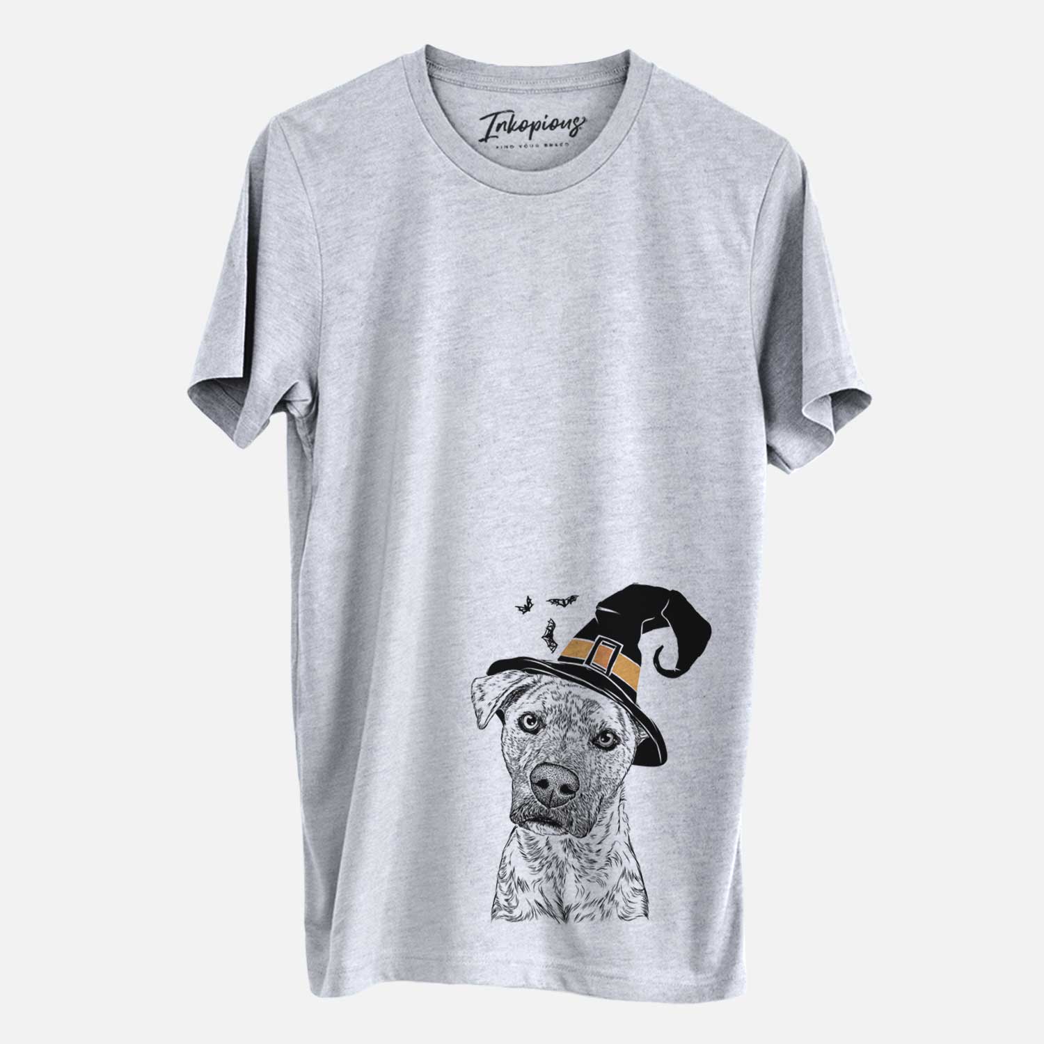Hand-drawn sketch of Monster Baby the Pitbull Mix wearing a witch hat on a Grey Unisex crewneck