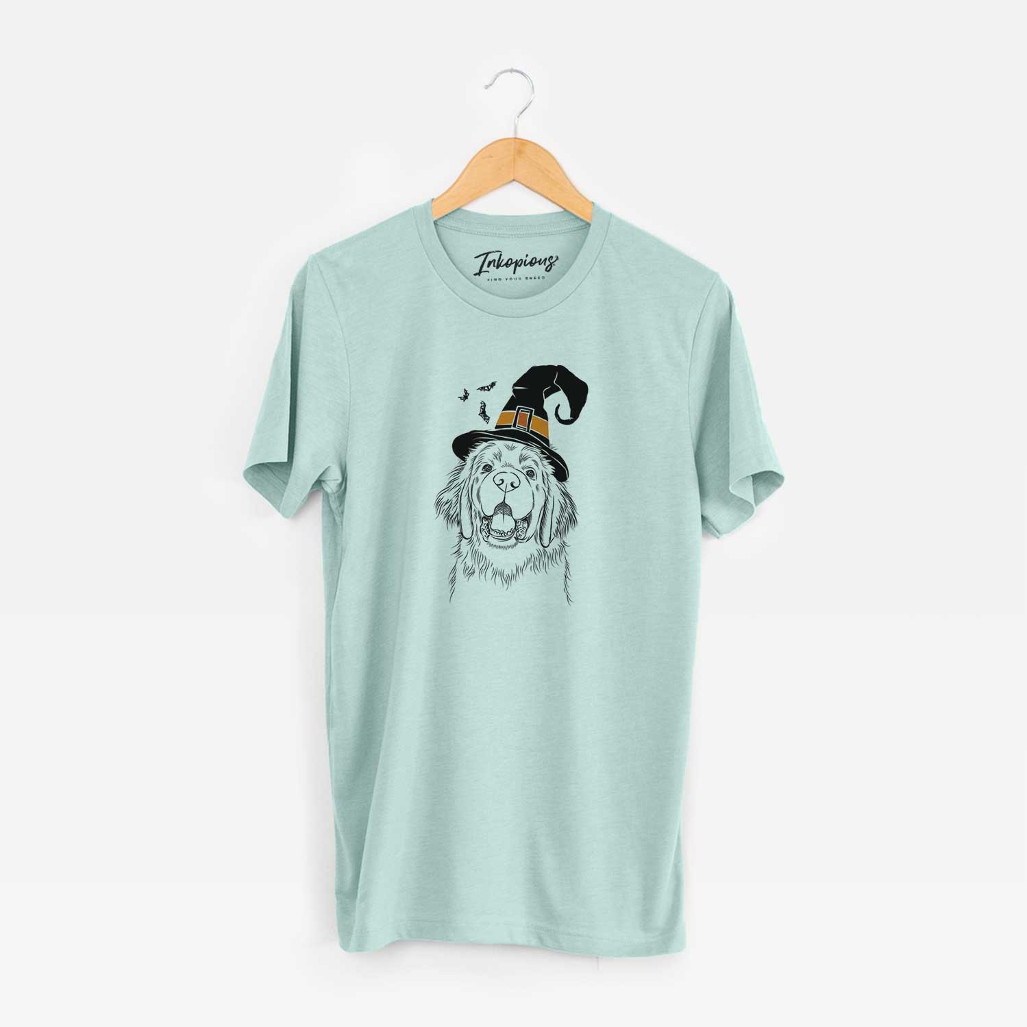 Hand-drawn sketch of Mozart the Newfoundland wearing a witch hat on a Heather Sage Unisex crewneck