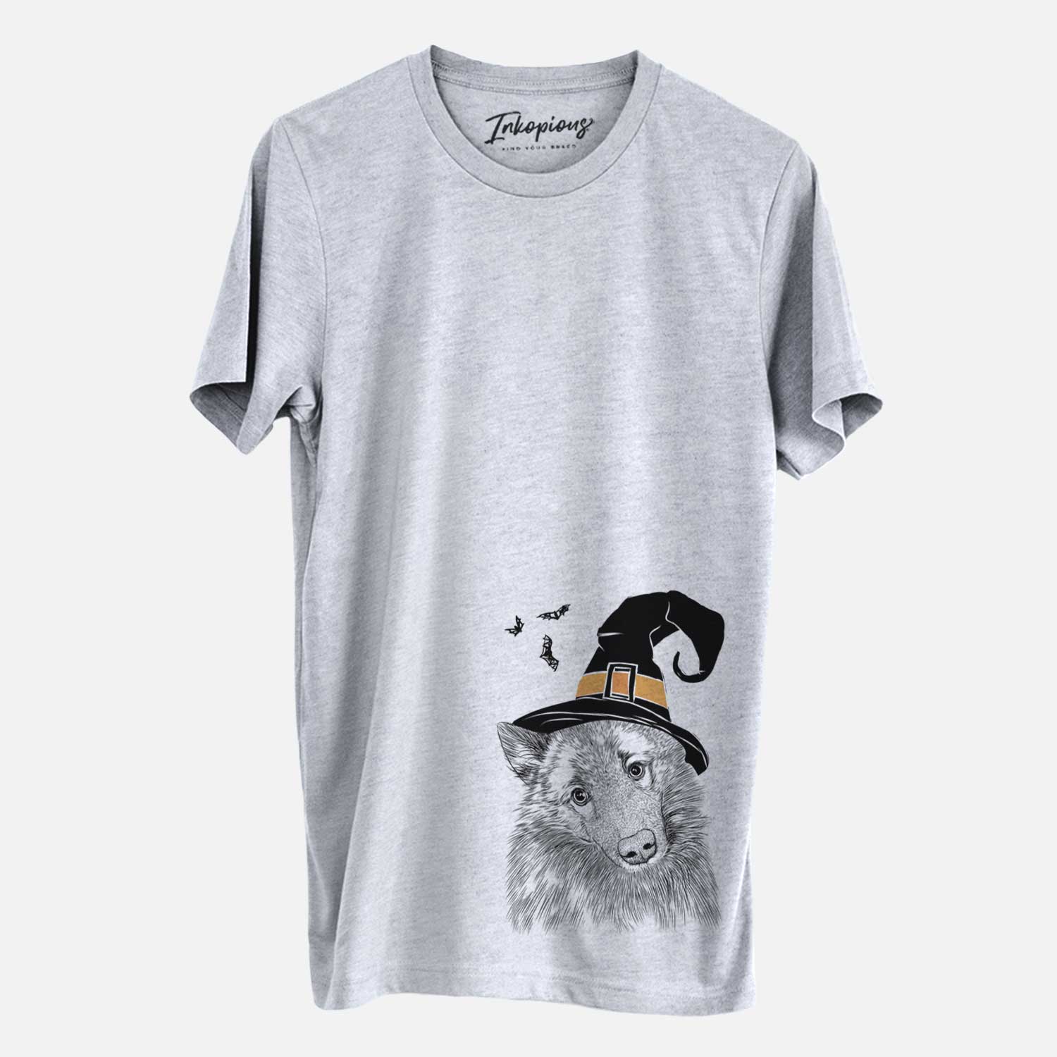 Hand-drawn sketch of Mr. Maverick the Keeshond wearing a witch hat on a Grey Unisex crewneck