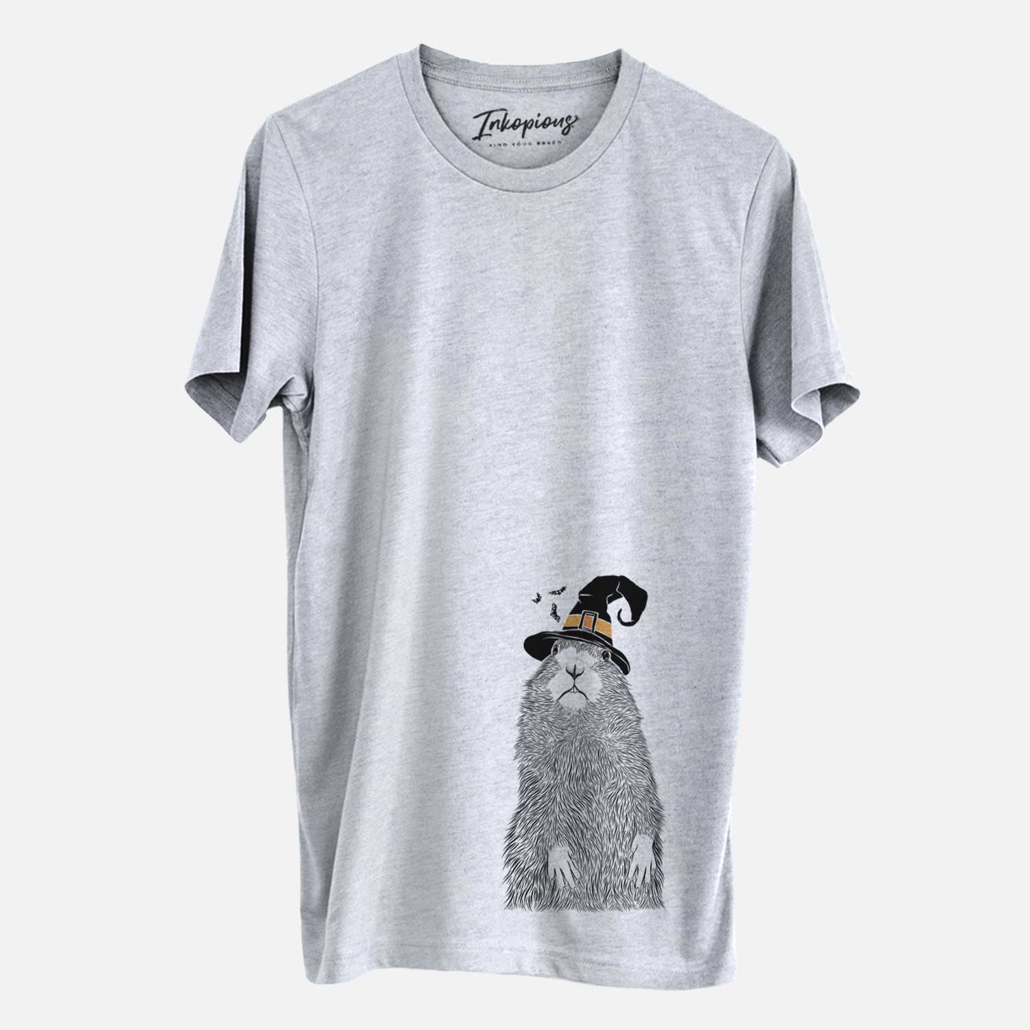 Hand-drawn sketch of Mr. Otis the Prairie Dog wearing a witch hat on a Grey Unisex crewneck