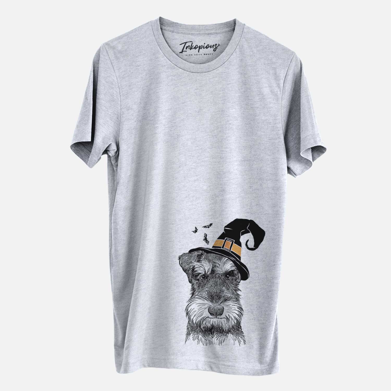 Hand-drawn sketch of Murphy the Mini Schnauzer wearing a witch hat on a Grey Unisex crewneck