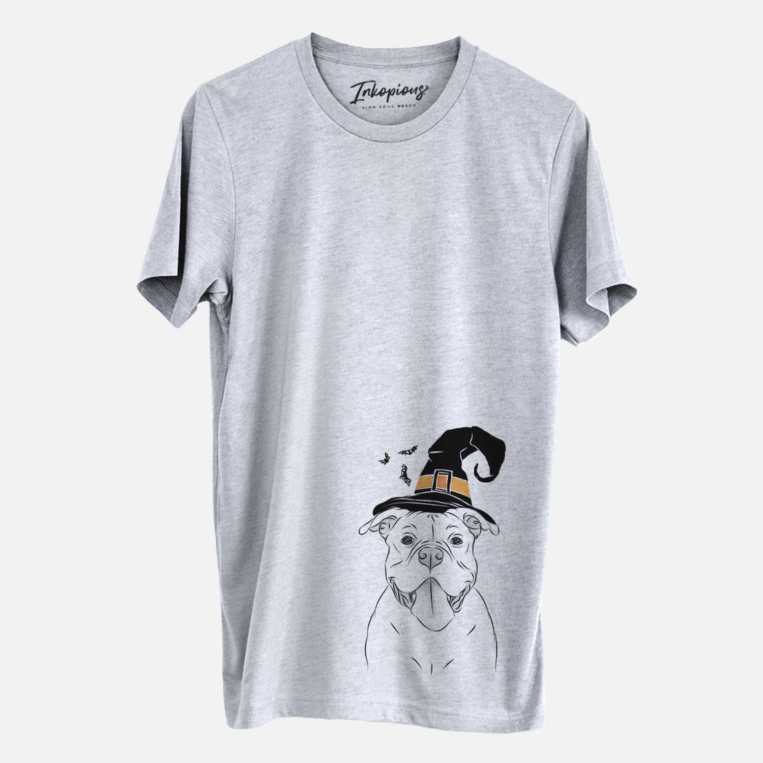 Hand-drawn sketch of Nacho the American Bully wearing a witch hat on a Grey Unisex crewneck