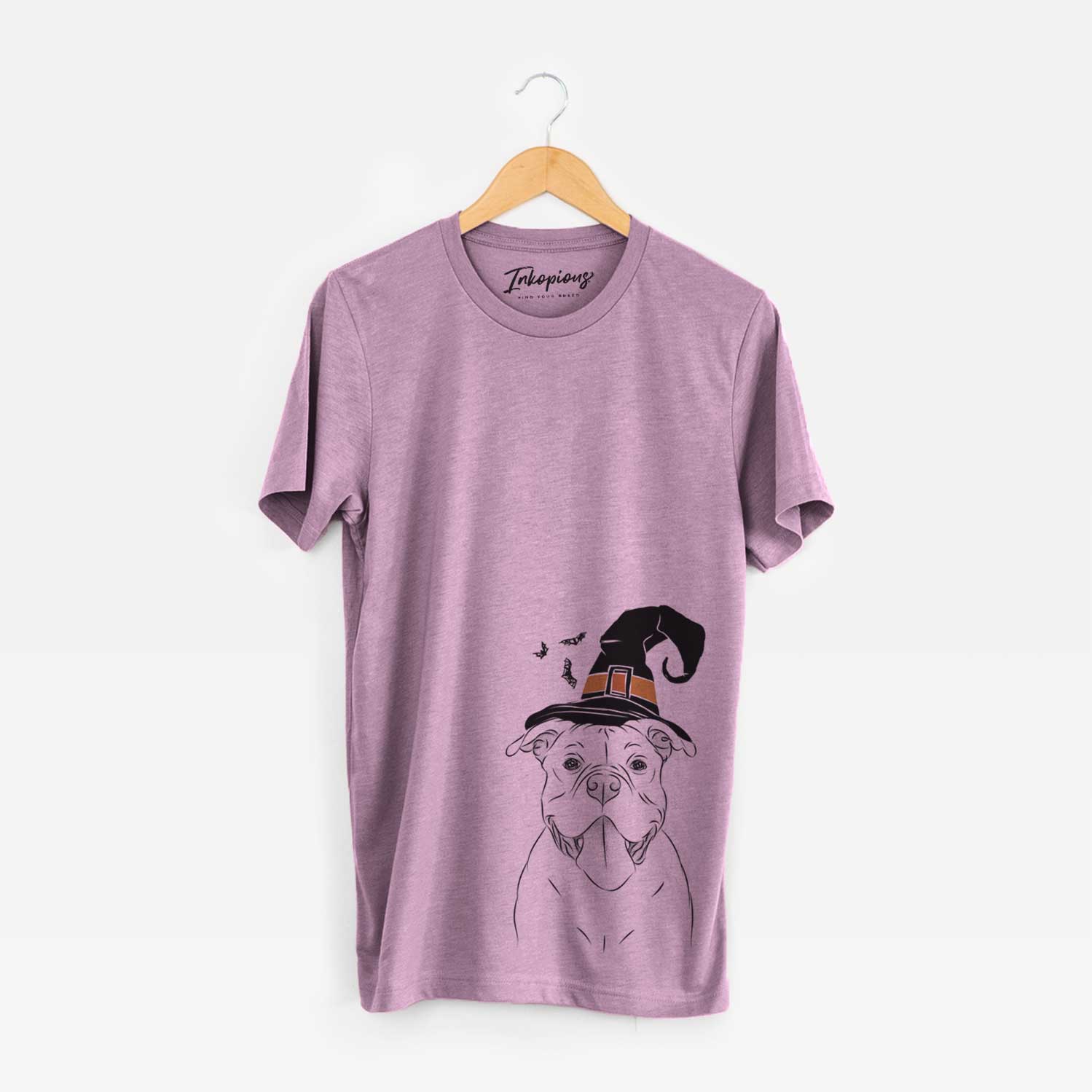 Hand-drawn sketch of Nacho the American Bully wearing a witch hat on an Orchid Unisex crewneck