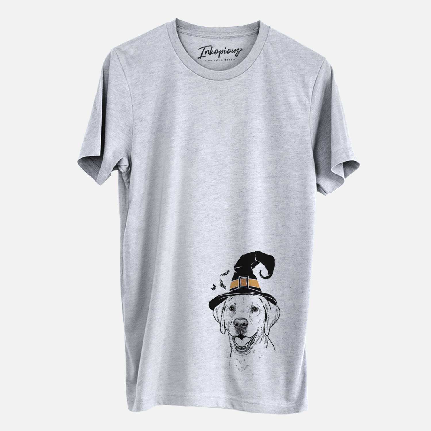 Hand-drawn sketch of Nate the Labrador Retriever wearing a witch hat on a Grey Unisex crewneck