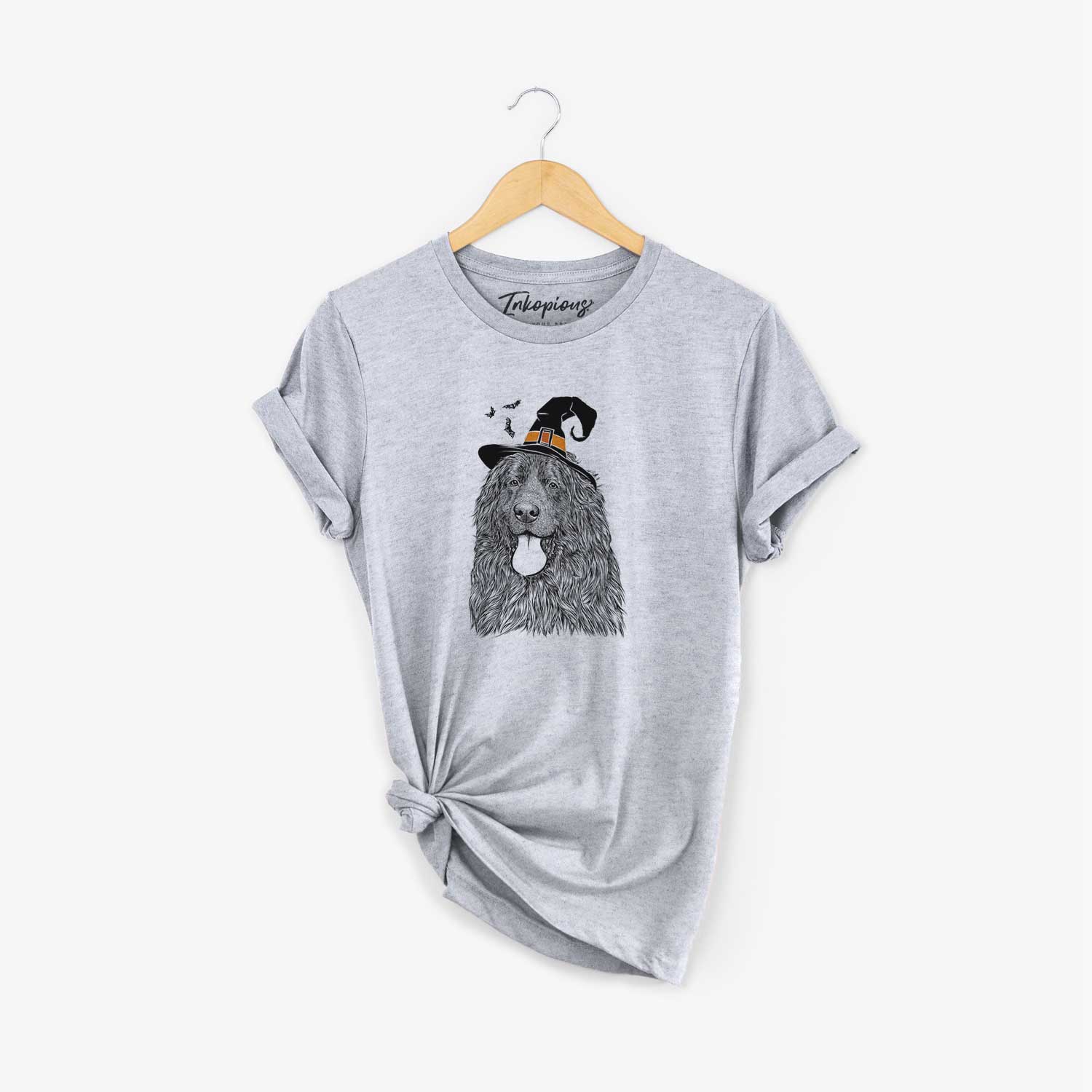 Hand-drawn sketch of Neptune the Newfoundland wearing a witch hat on a Grey Unisex crewneck