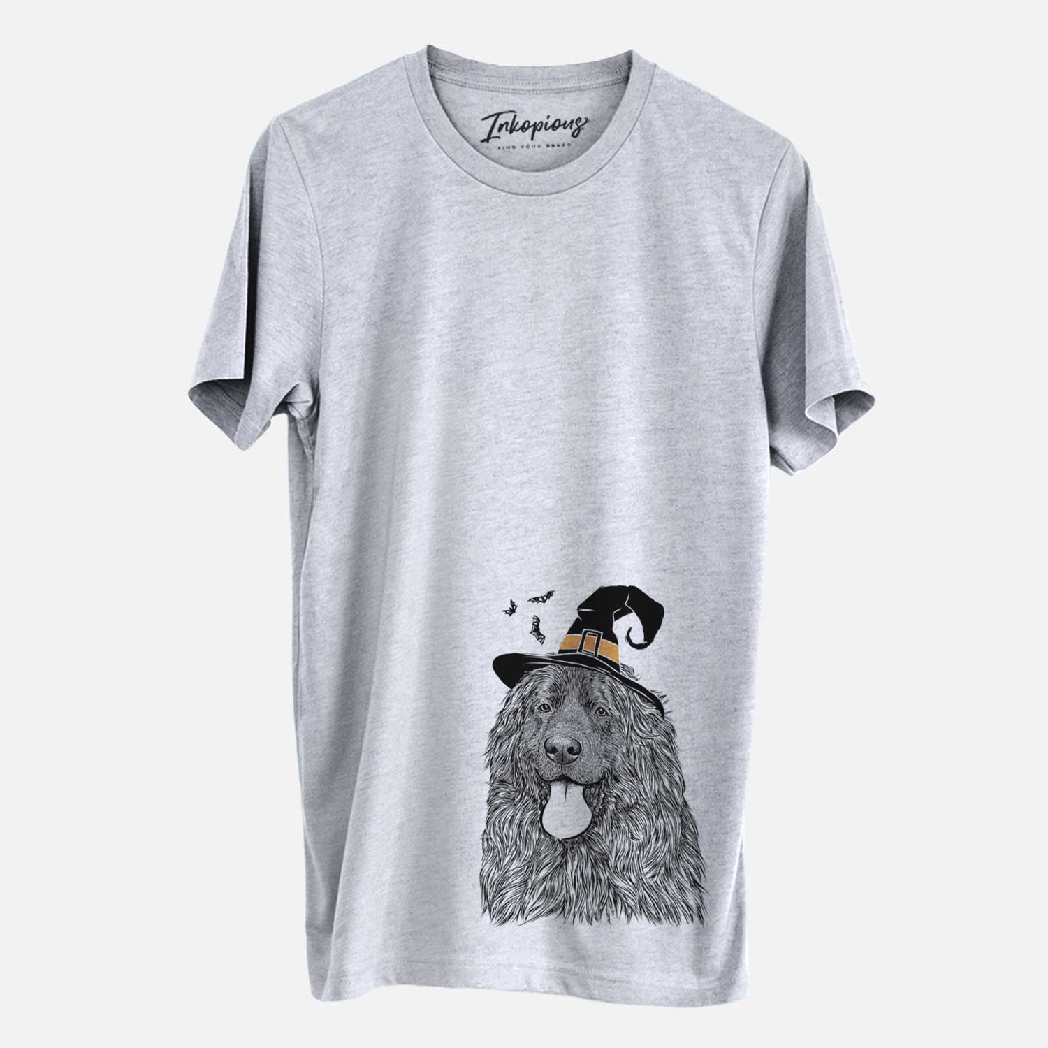 Hand-drawn sketch of Neptune the Newfoundland wearing a witch hat on a Grey Unisex crewneck