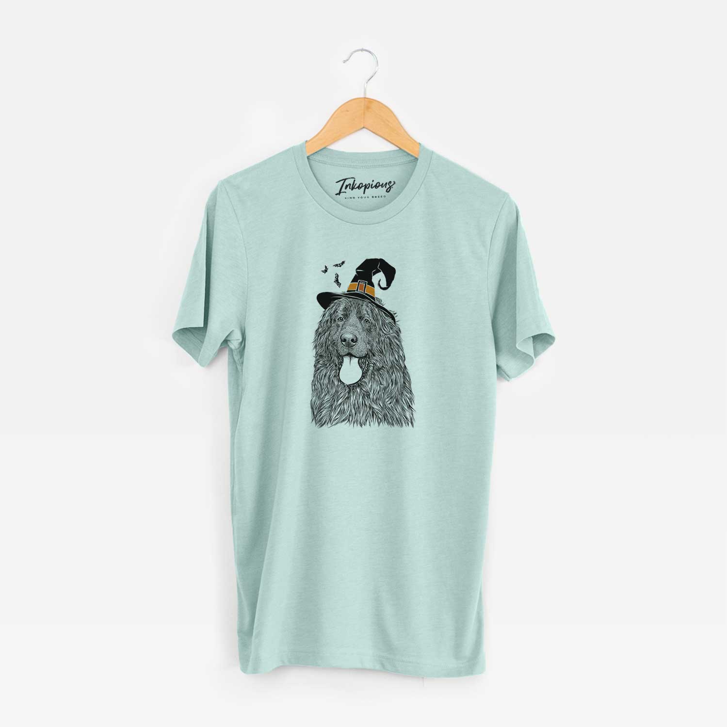 Hand-drawn sketch of Neptune the Newfoundland wearing a witch hat on a Heather Sage Unisex crewneck