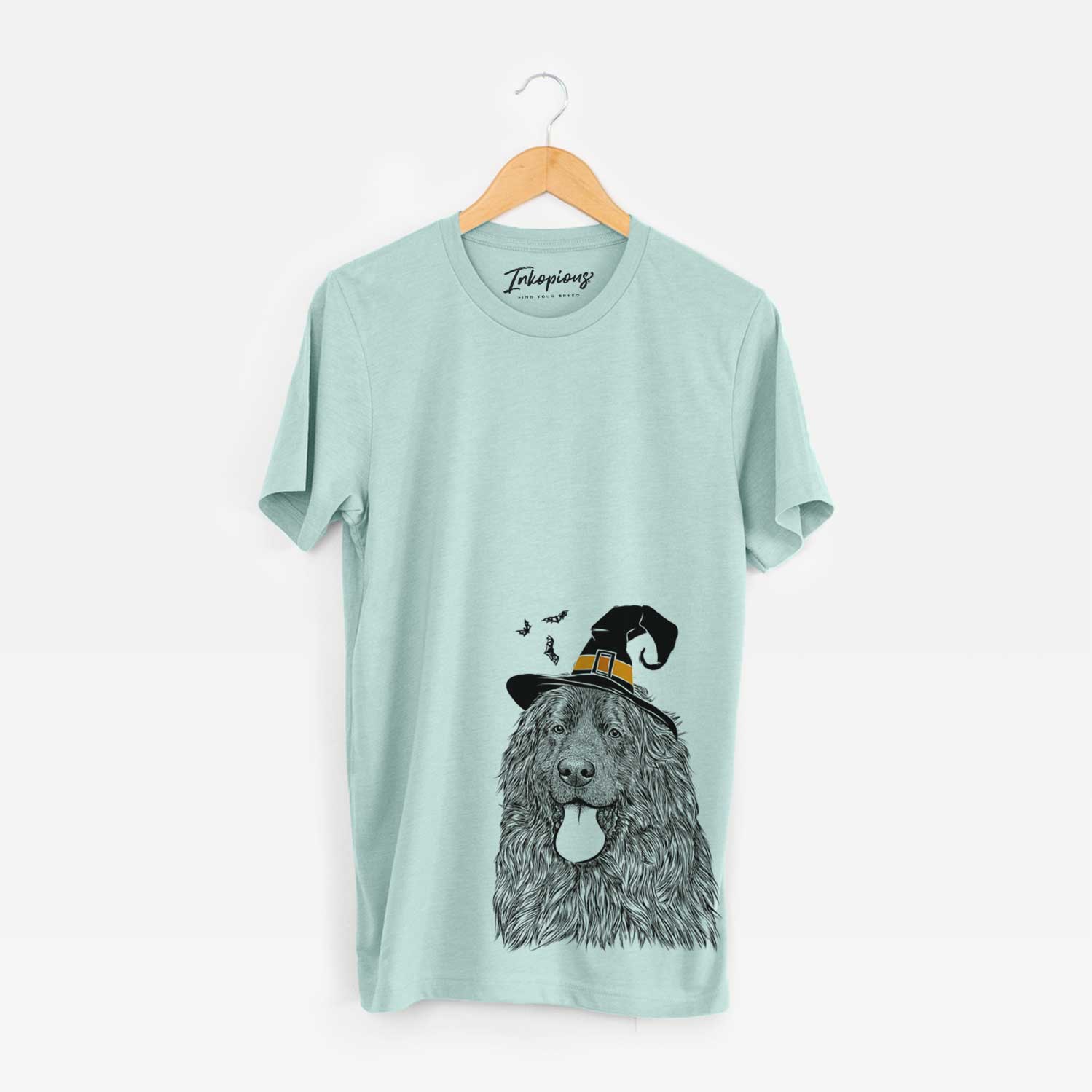 Hand-drawn sketch of Neptune the Newfoundland wearing a witch hat on a Heather Sage Unisex crewneck