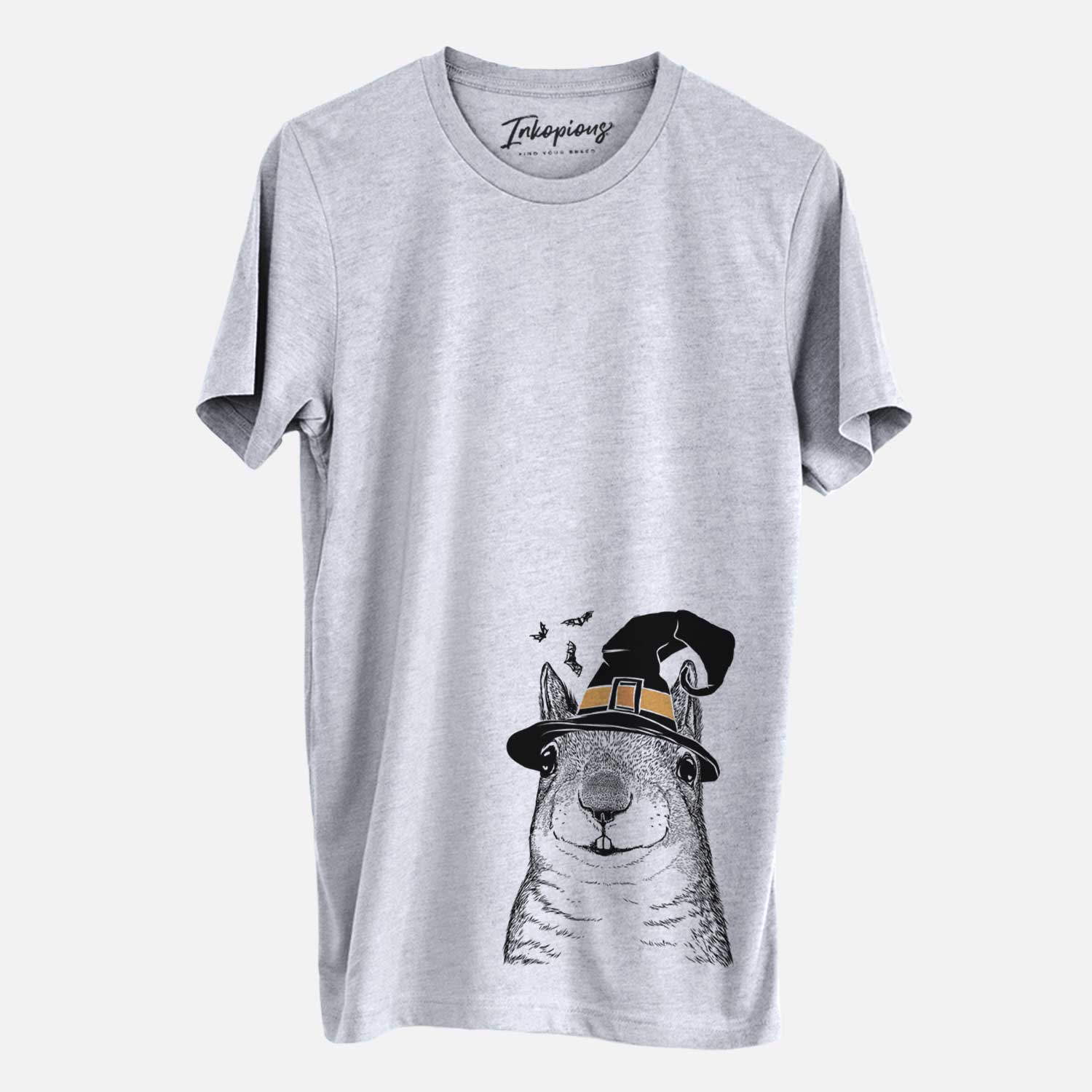 Hand-drawn sketch of Nibbles the Squirrel wearing a witch hat on a Grey Unisex crewneck