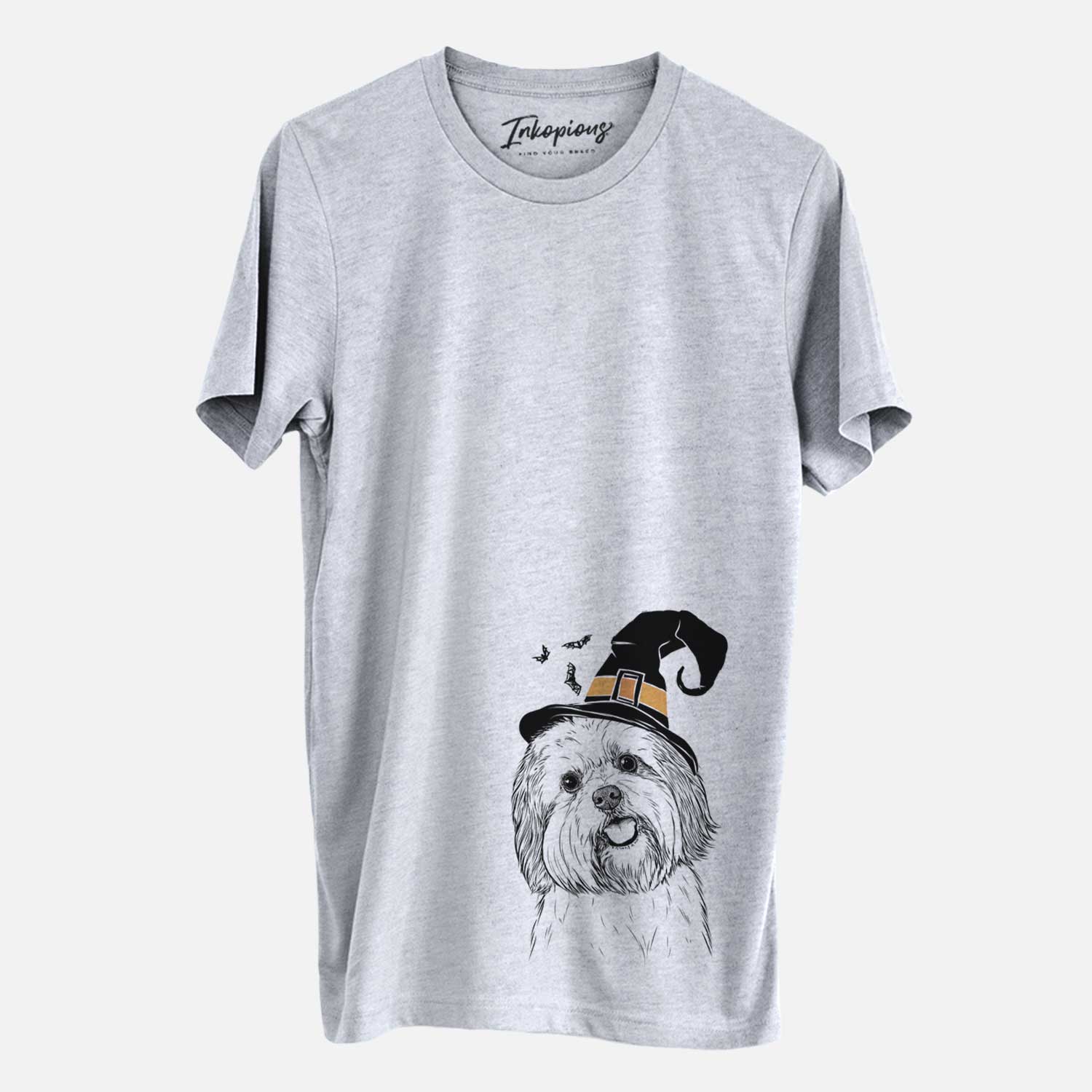 Hand-drawn sketch of Nikka the Lowchen wearing a witch hat on a Grey Unisex crewneck