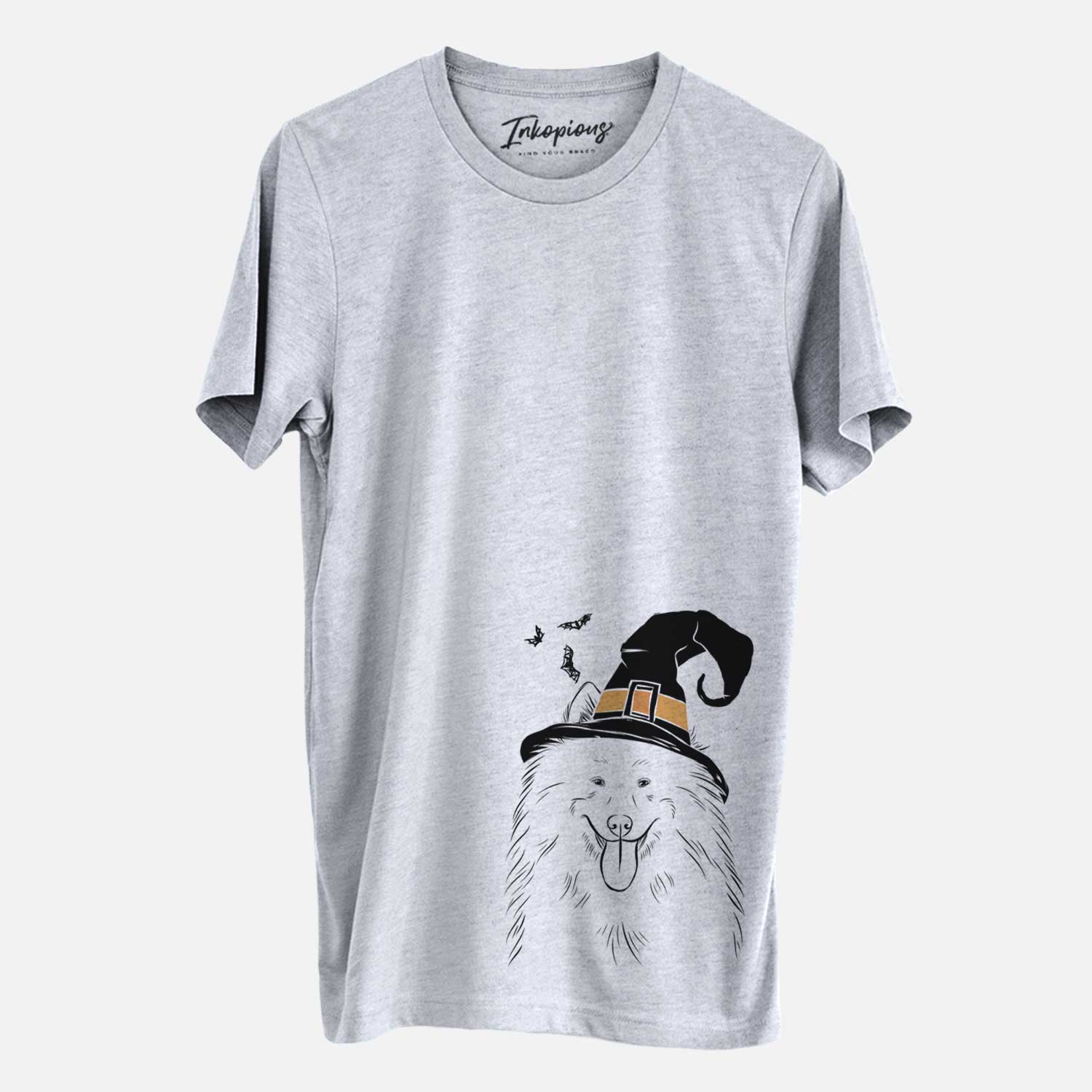 Hand-drawn sketch of Nova the Samoyed wearing a witch hat on a Grey Unisex crewneck