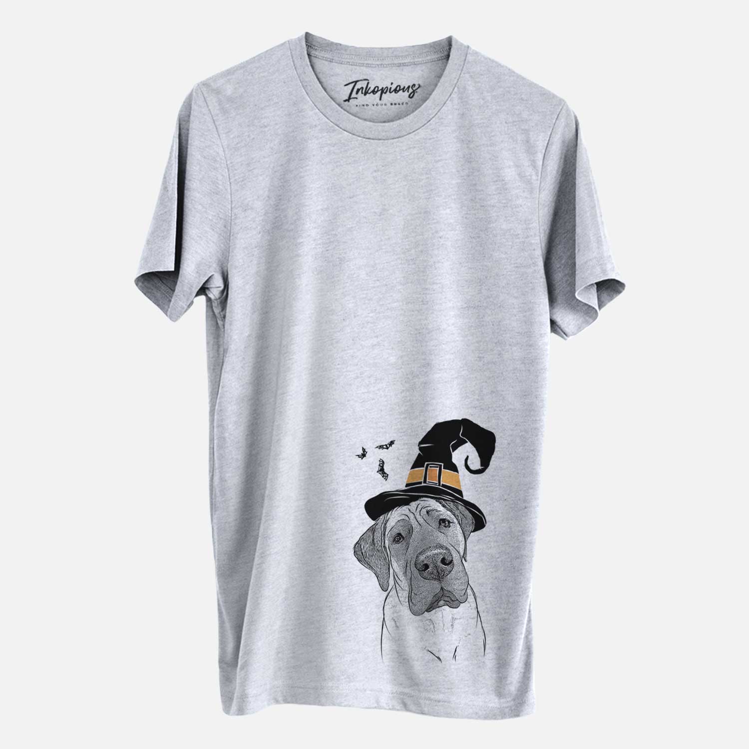 Hand-drawn sketch of Nutterbutter the English Mastiff wearing a witch hat on a Grey Unisex crewneck