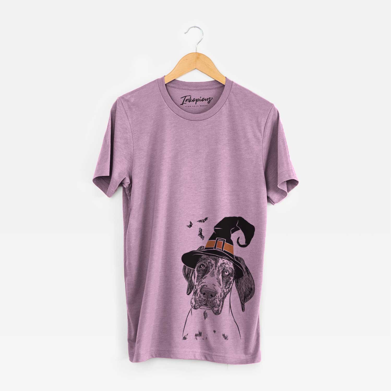 Hand-drawn sketch of Nyx the Great Dane wearing a witch hat on an Orchid Unisex crewneck